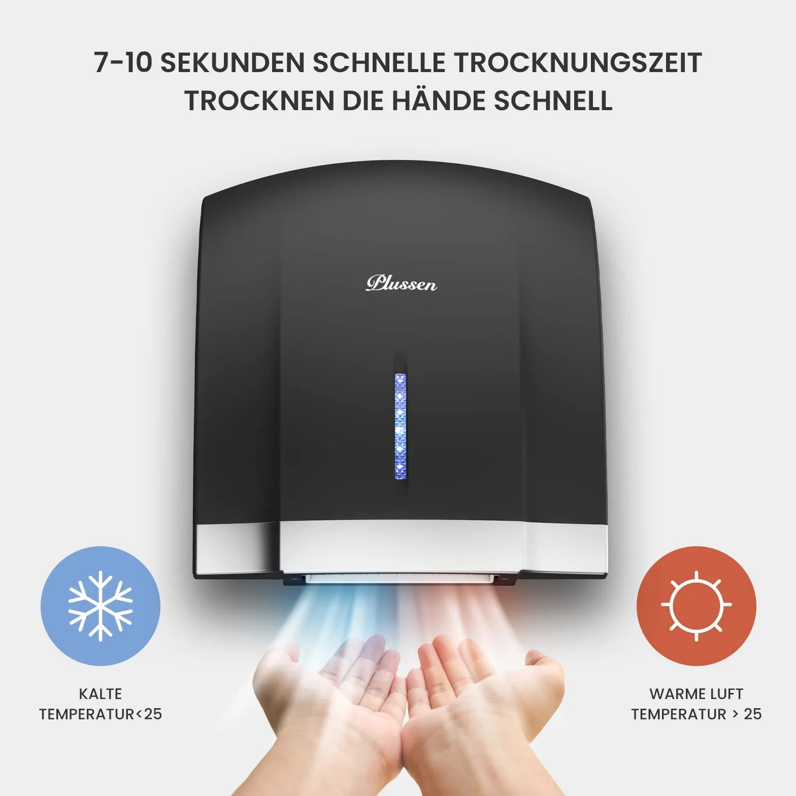 Asciugamani Automatico Elettrico da Parete con Sensore, Vento Caldo e Freddo, Basso Rumore 40 dB, ABS, 220-240V (nero-1003)