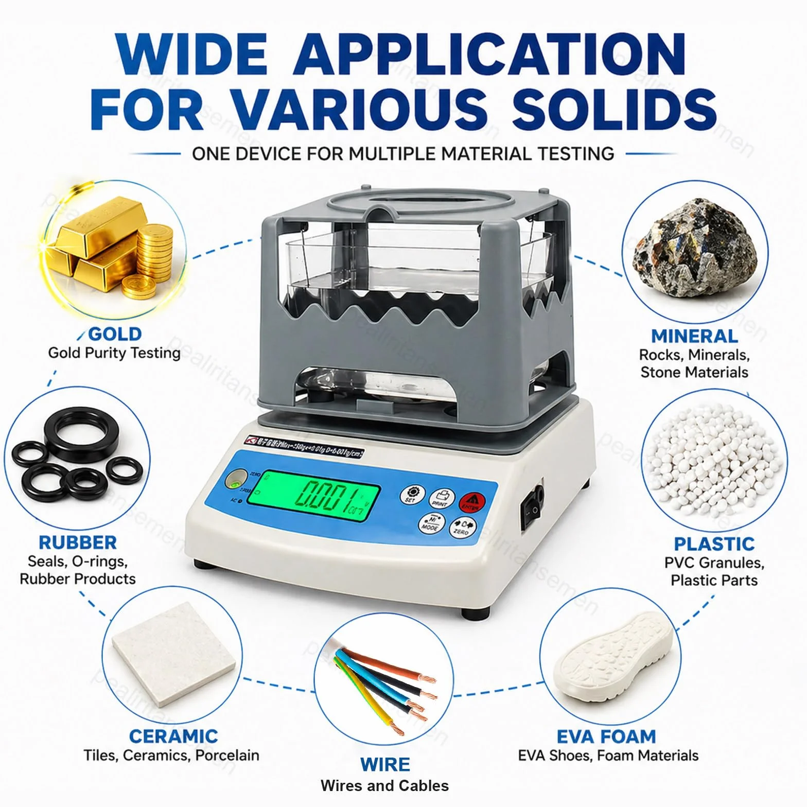 Densimetro solido digitale 0,001 G/cm³ per gomma plastica PVC metallo metalli preziosi, tester volume densità spostamento acqua