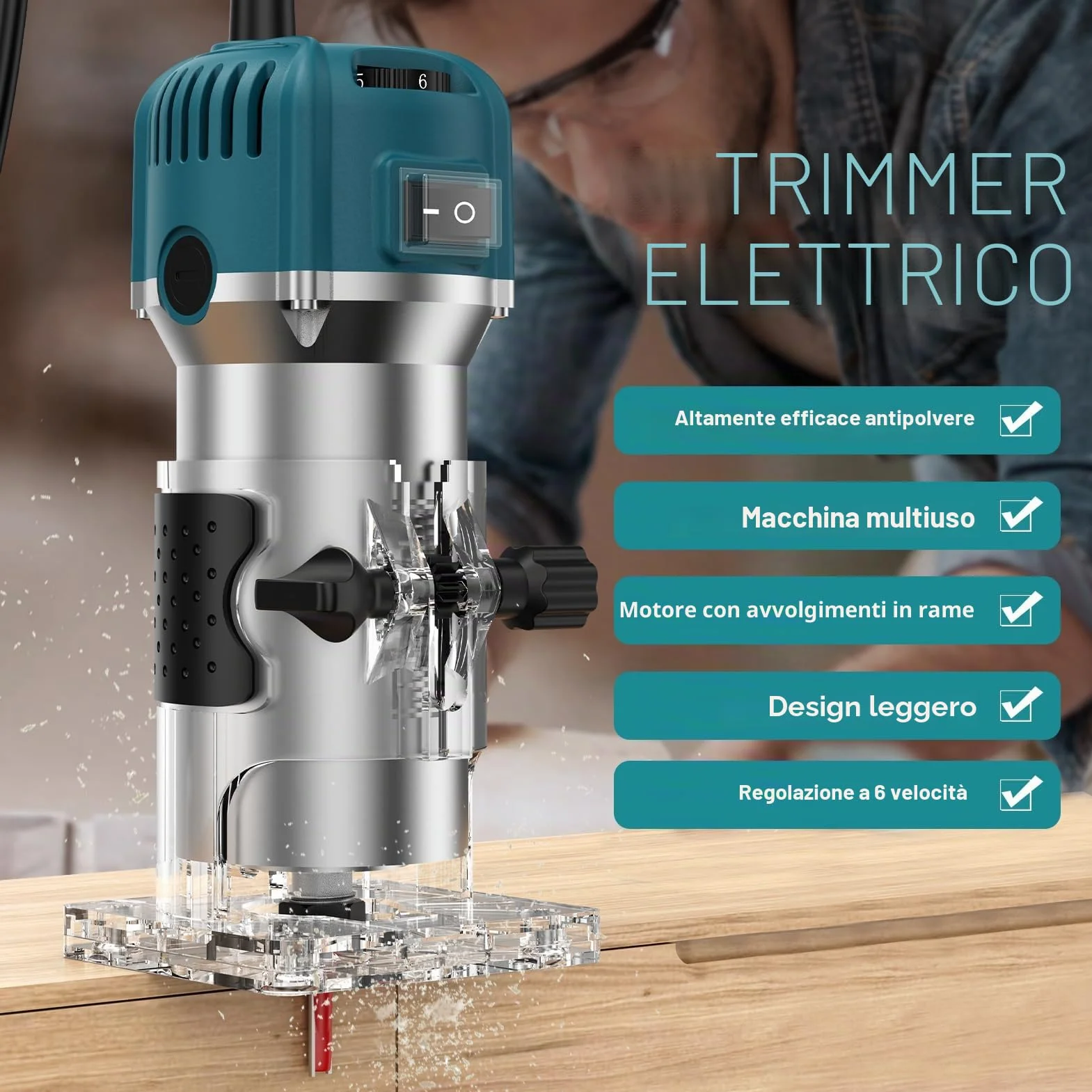 Pantografo per legno, Motosega Compatta 220V 800W 30000 RPM con 6 Velocità Regolabili per Intaglio e Rifilatura Bordi, Lavori di Precisione