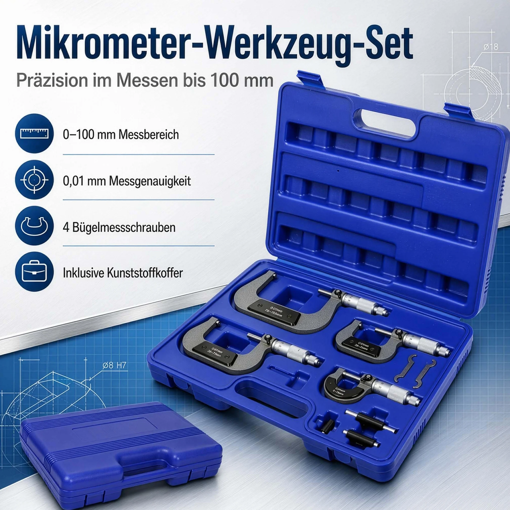 Mikrometr zewnętrzny 0-100 mm, zestaw 4 szt.