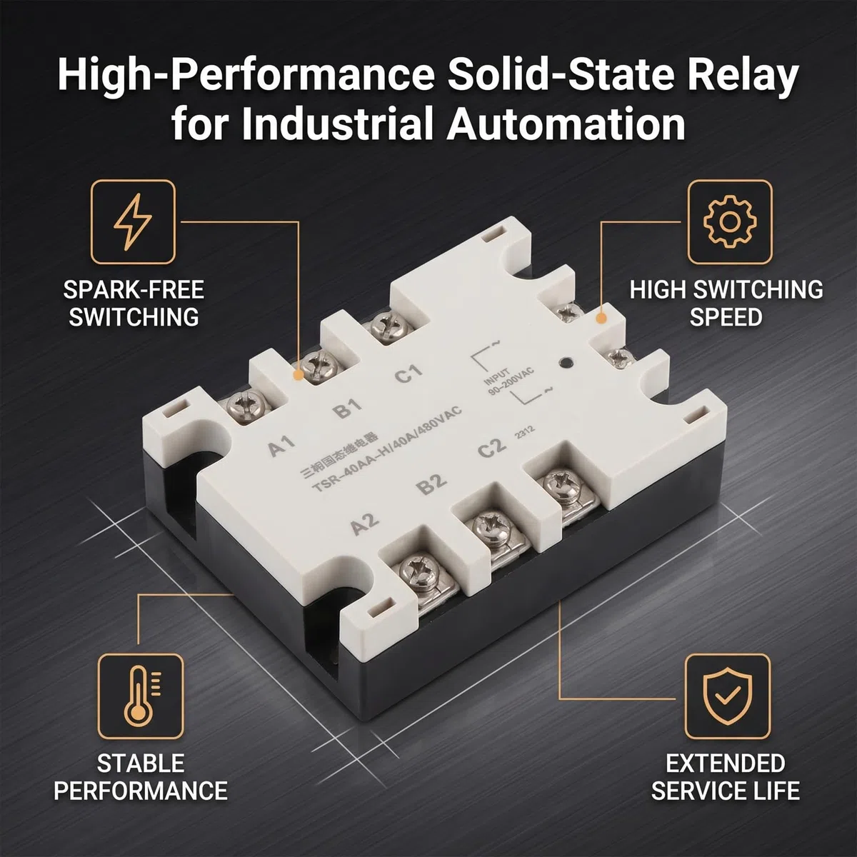 Relè a stato solido trifase 40A CA SSR 90‑250VAC Carico 24‑480VAC TSR‑40AA H per automazione industriale