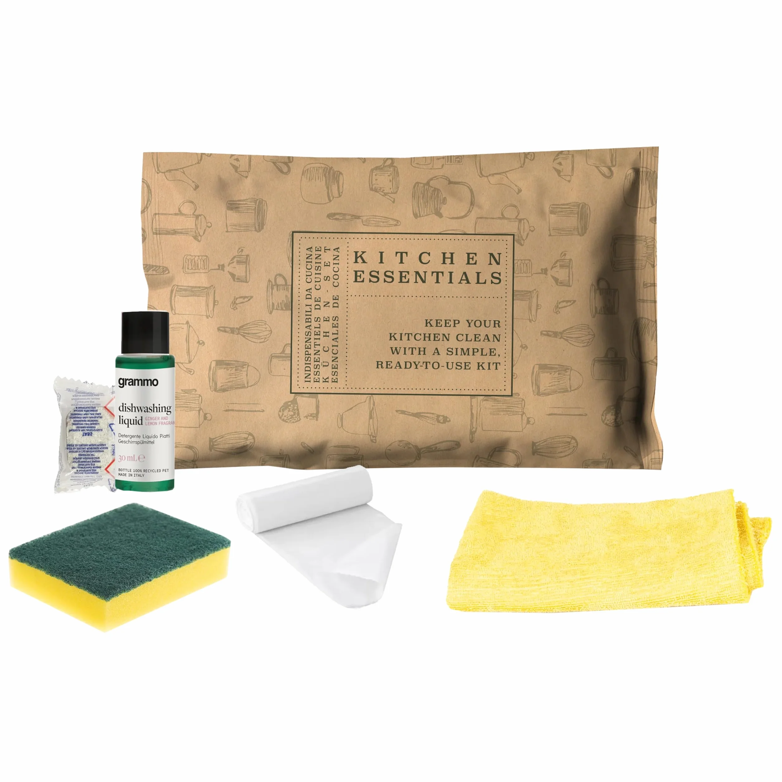 AURA LUXURY COLLECTION Welcome Kit Cortesia Cucina – Set Benvenuto per Ospiti con Detergente Piatti, Pastiglia Lavastoviglie, Spugna, Panno e Sacchetto Rifiuti – Ideale per Case Vacanza e B&B (20)