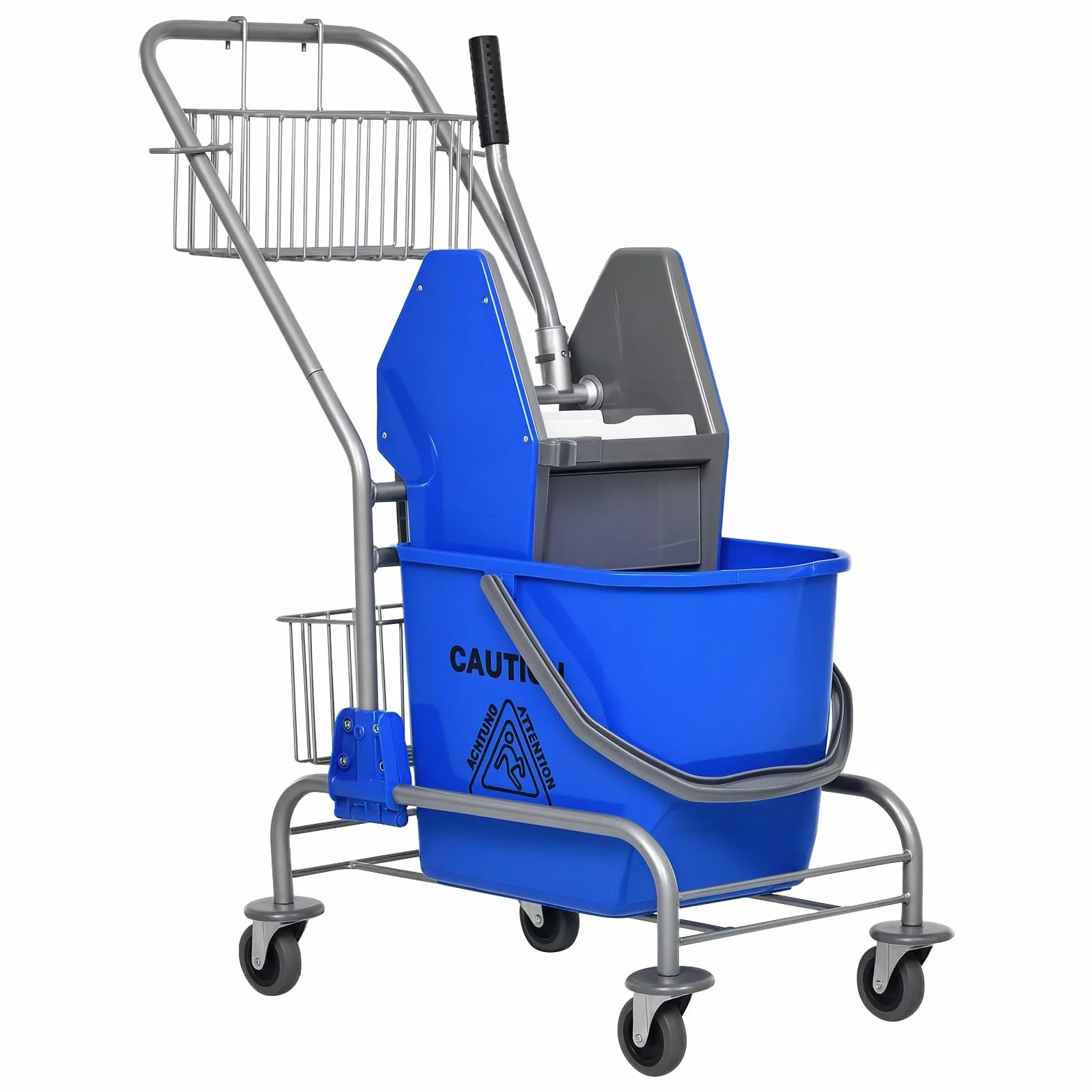 HOMCOM Carrello Pulizie 26L con Secchio Mocio e Strizzatore, 2 Cestini Rete Metallo, Maniglia 4 Ruote, Blu