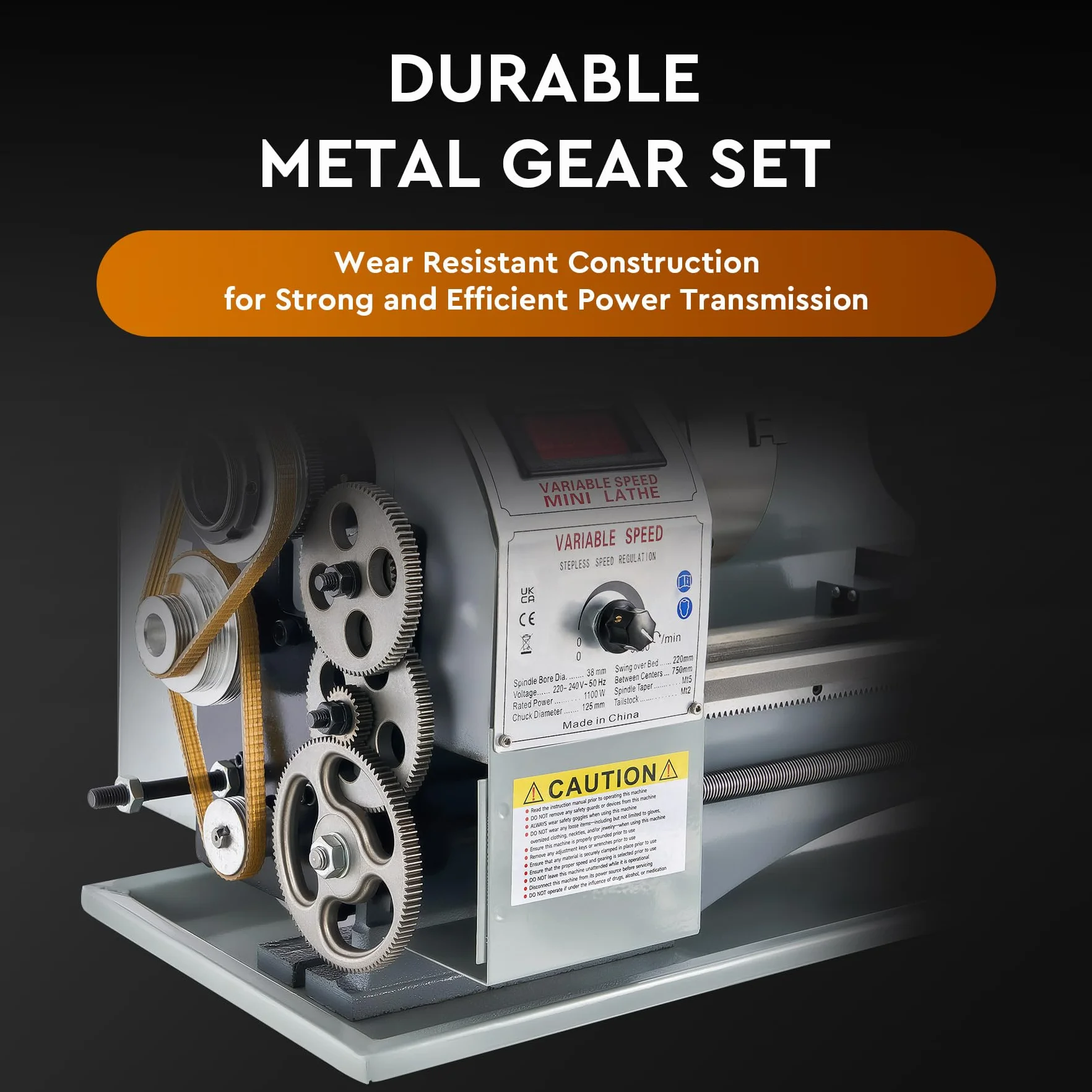 CREWORKS 1100W 220 x 750 MM Mini Tornio in Metallo, 50-2250 RPM Tornio da Banco in Metallo con Mandrino a 3 Ganasce per Fai da Te Lavorazione del Legno e dei Metalli