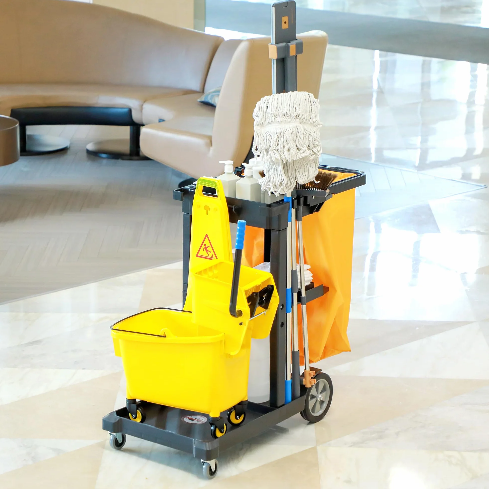 HOMCOM Carrello Pulizie Professionale 3 Ripiani con Ganci, 100L, 121x50.5x96.5 cm, Nero
