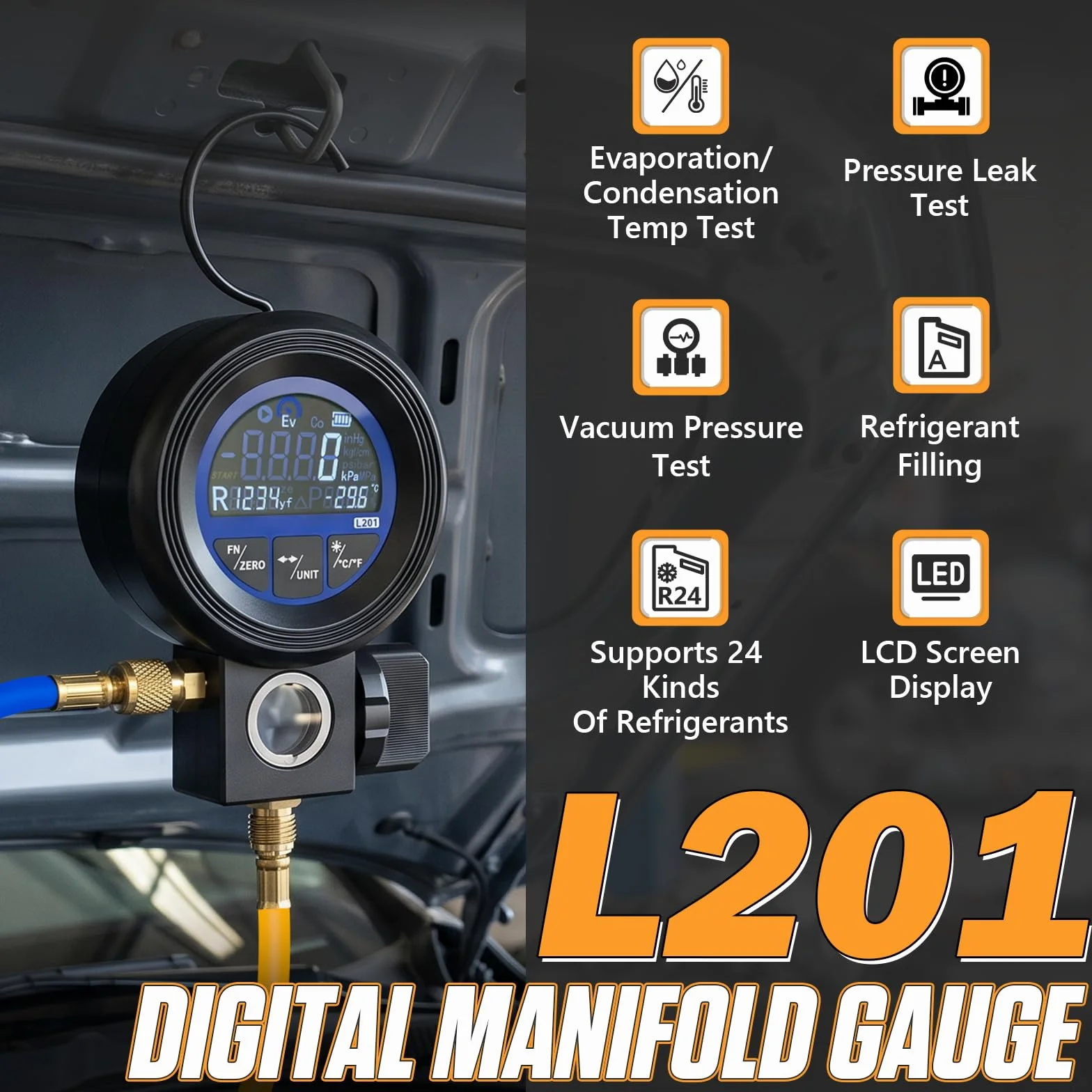 Misuratore digitale refrigerante 3 in 1 test sottovuoto pressione R32 R134A R1234yf manometro precisione ±0,5% FS