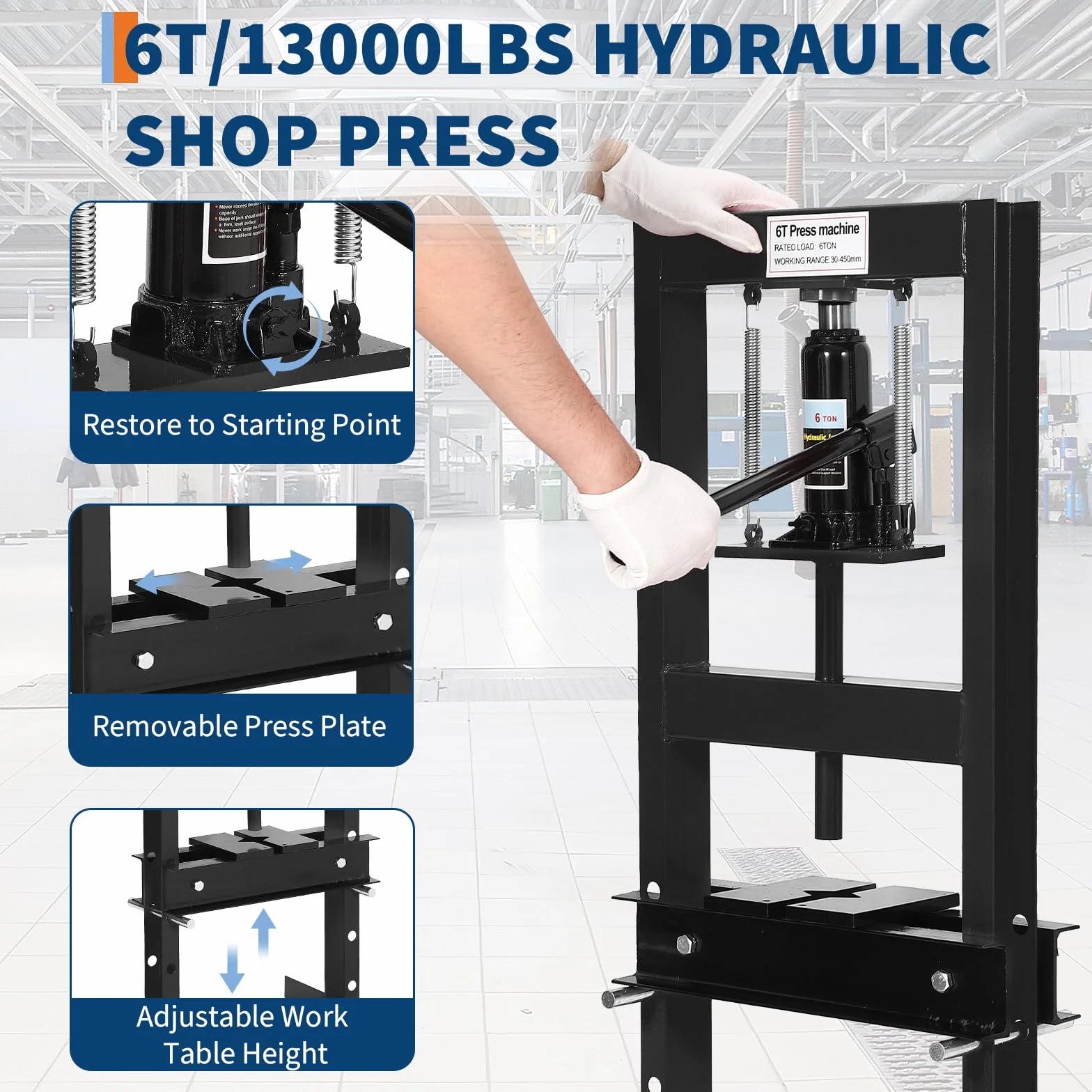 Pressa Idraulica 6 Ton H-Frame Altezza Regolabile Piastre Incluse Valvola Sicurezza