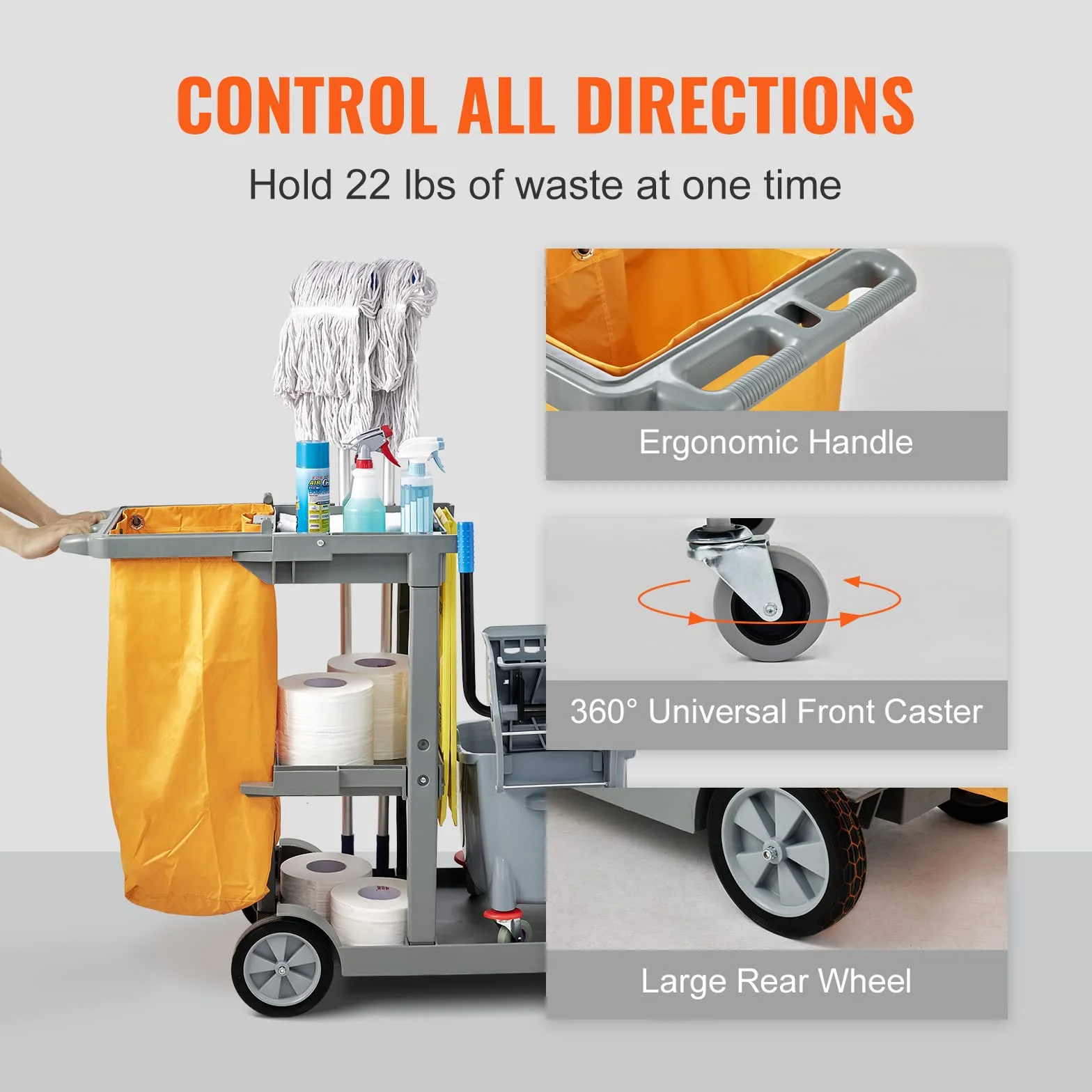 VEVOR Carrello Pulizia 3 Ripiani Sacco Raccolta Ruote PVC 90,7kg