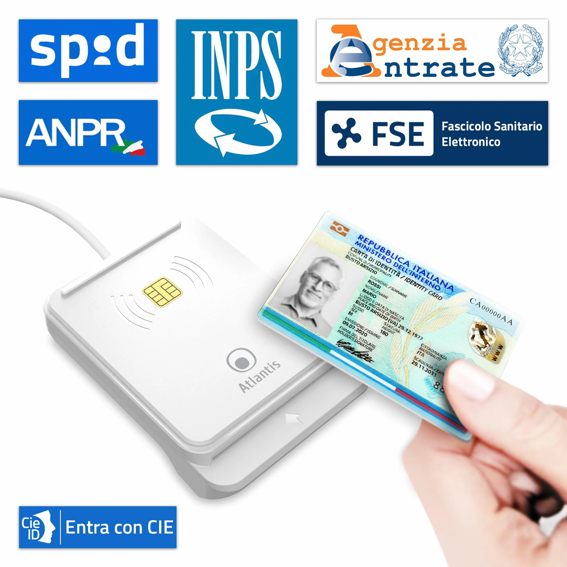 Atlantis lettore cie 3.0 carta d'identità elettronica e tessera sanitaria italiana, lettore smart card cns carta nazionale dei servizi, adatto per INPS, Ag. delle entrate, INAIL, Fascicolo sanitario