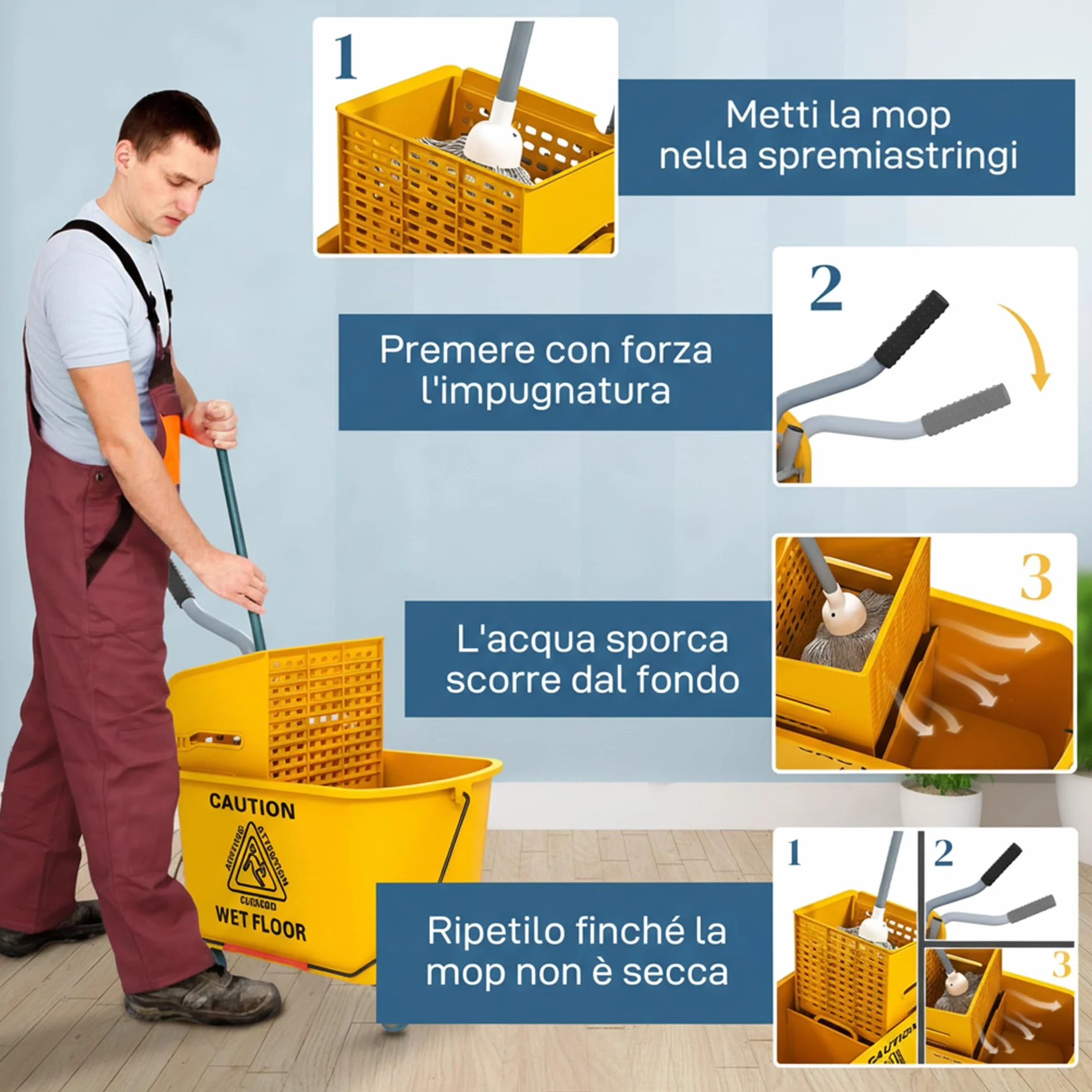 HOMCOM Carrello Pulizie 20L con Mocio e Secchio Lavapavimenti, Strizzatore Plastica, 4 Ruote, Giallo