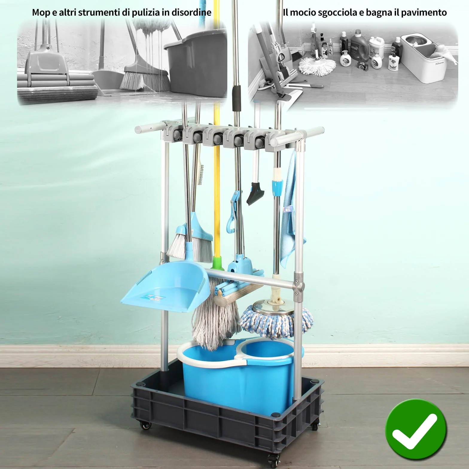 Carrello di pulizia mobile Supporto per scopa e mocio per pavimenti bagnati