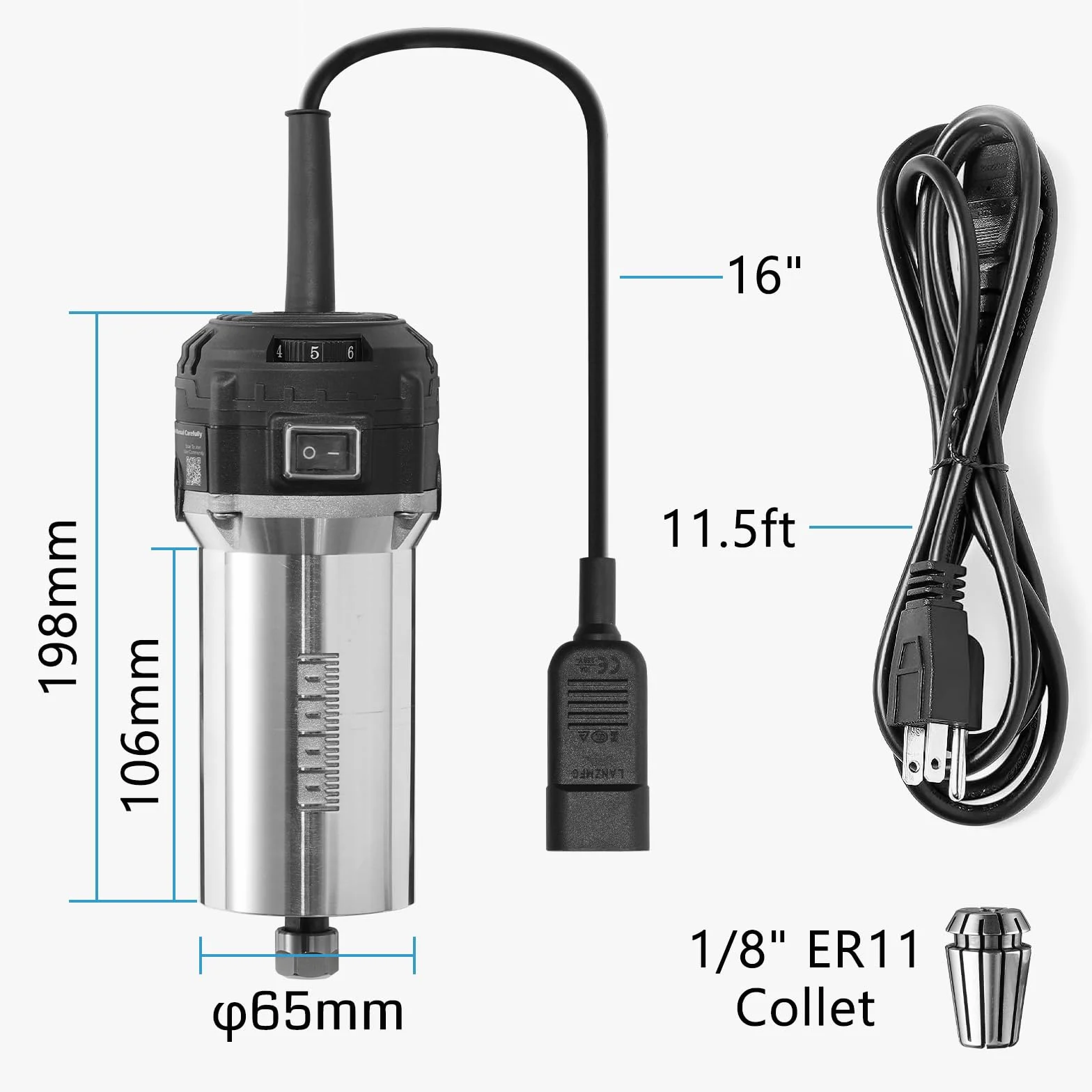 SainSmart Router compatto 710 W, 65 mm, 6 velocità variabili, router trimmer manuale, pinza ER11, 4 spazzole di carbone, aggiornamento motore mandrino CNC