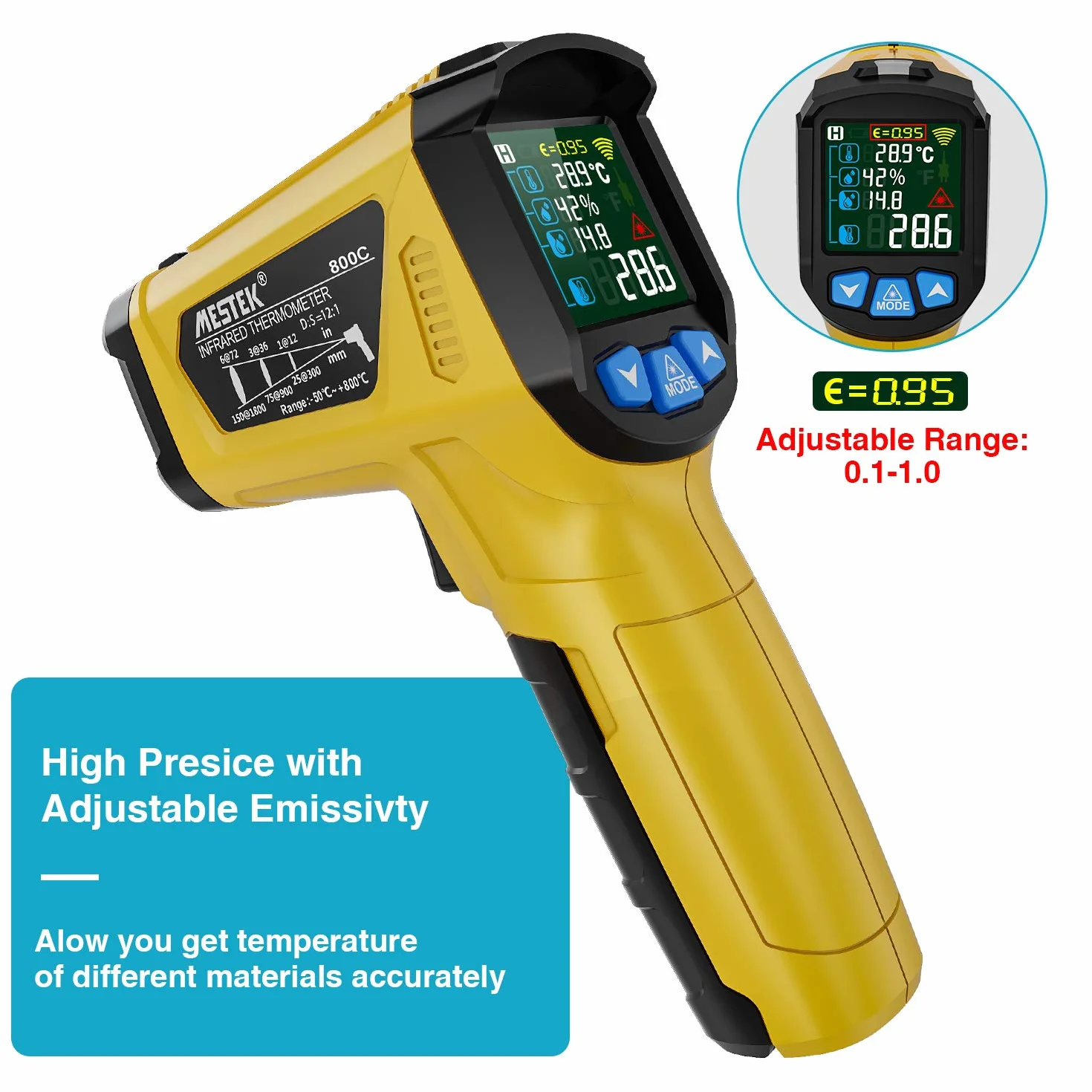 MESTEK Termometro Infrarossi Digitale Professionale -50°C~800°C con Sonda K Schermo LCD Colori Emissività Regolabile