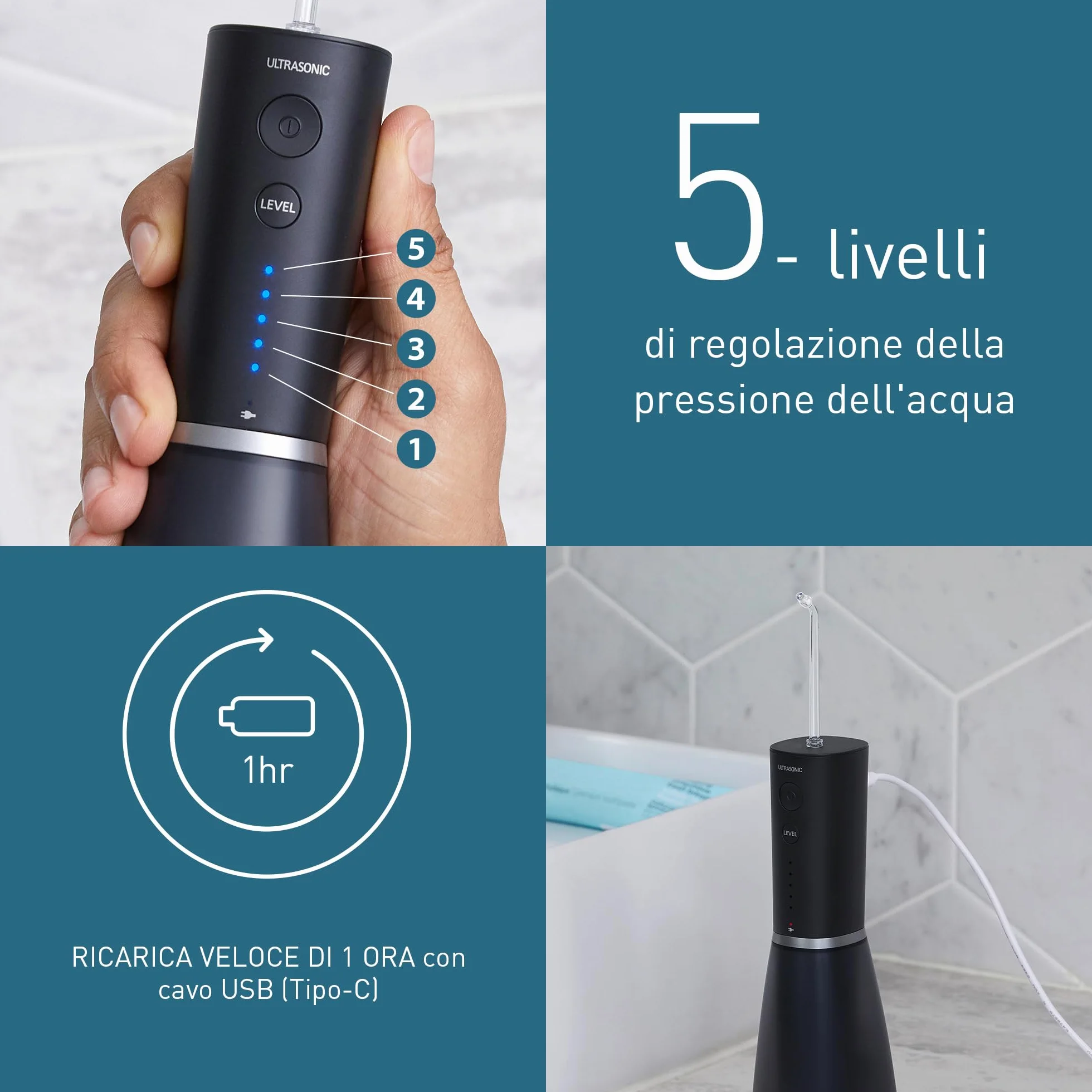 Panasonic Serie 800 Irrigatore Orale a Ultrasuoni EW-DJ86-K503, Idropulsore dentale, 200ml, 1 Ugello a Ultrasuoni e 1 Ugello Ortodontico, 5 Impostazioni di Pressione, Accessorio da Viaggio, Nero