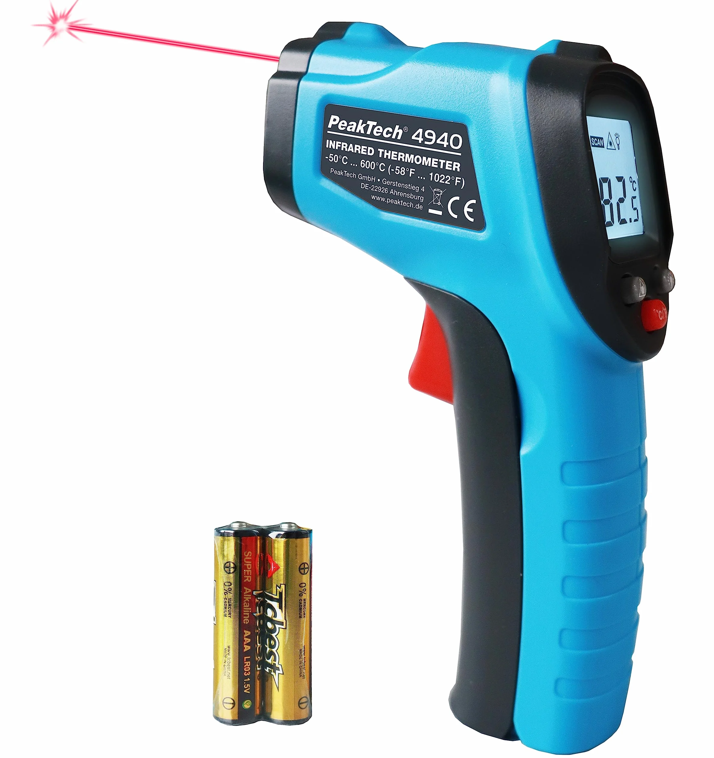 PeakTech 4940 Termometro a infrarossi con laser -50°C a 600°C 12:1 0,5s emissività 0,95