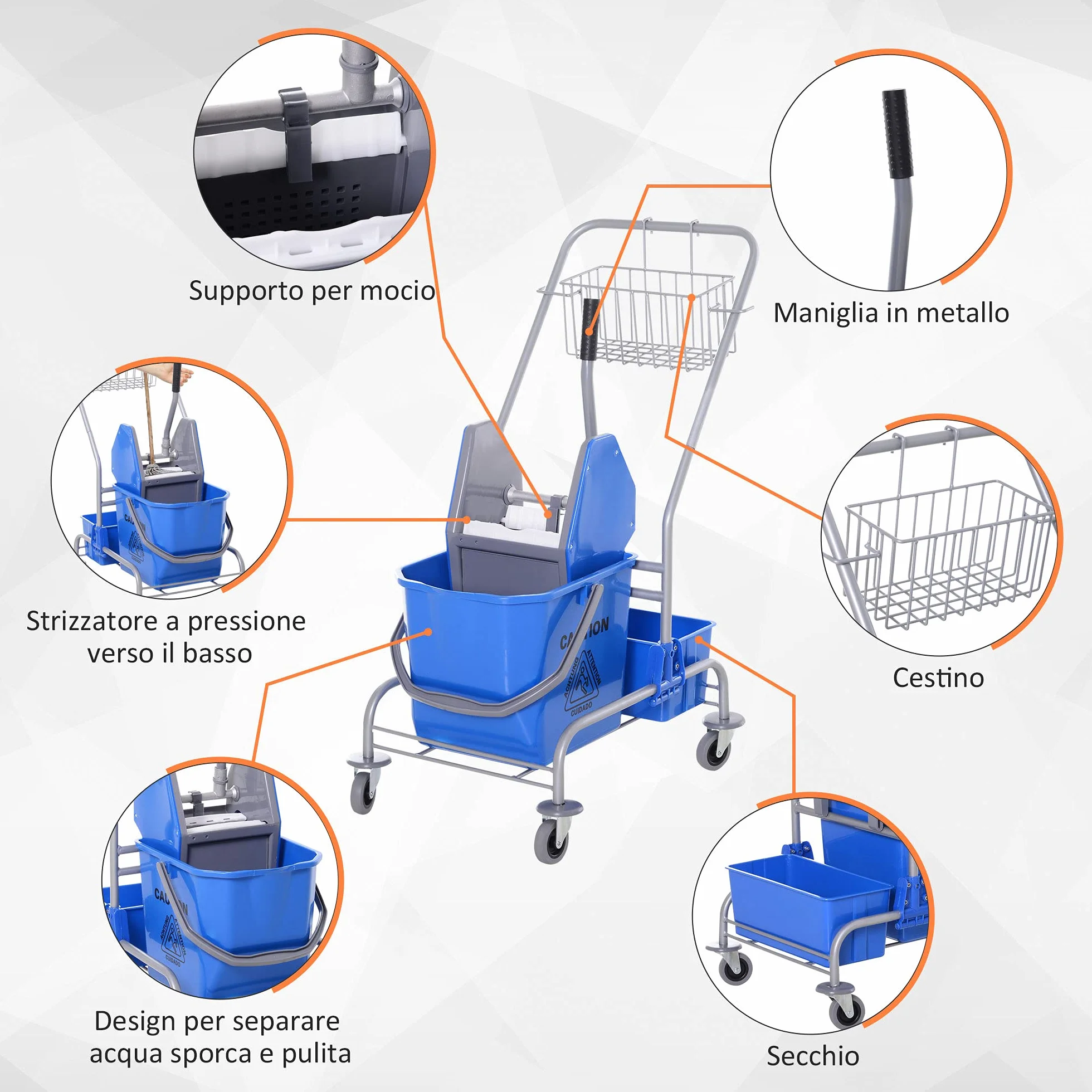 HOMCOM Carrello Pulizie Professionale 72x49.5x95 cm Blu Secchio Lavapavimenti 25L con Strizzatore Cesto Sospeso Ripiano Gancio Multiuso