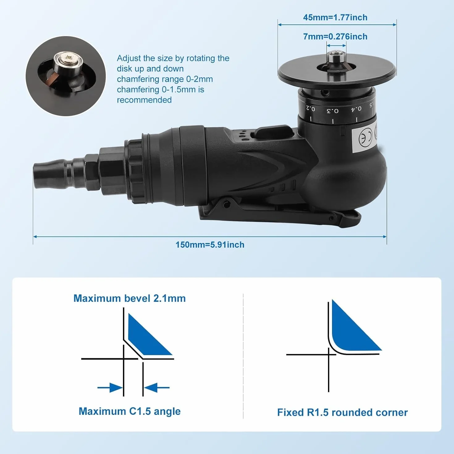 Mini Smussatrice Pneumatica, Portatile Smussatore Ad Aria, 30000RPM, Angolo ad Arco a 45 Gradi, Strumento per Smussatura per Rifilatura e Sbavatura dei Metalli (lame angolari 6R+6C)