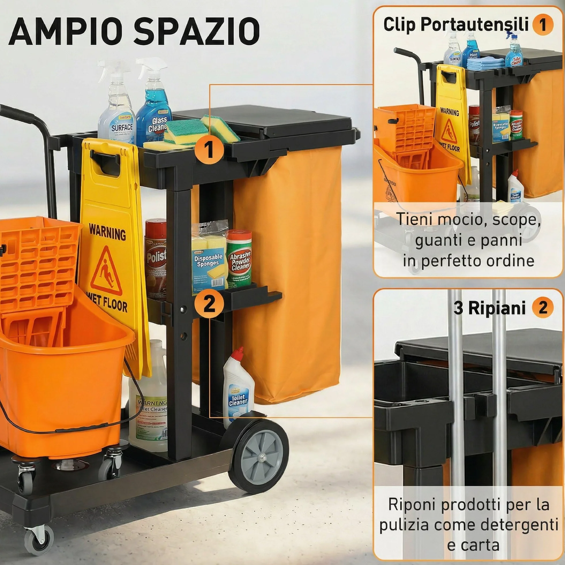 HOMCOM Carrello Pulizie 3 Ripiani 70L Secchio Lavapavimenti Strizzatore 4 Ruote 122x46.5x101 cm