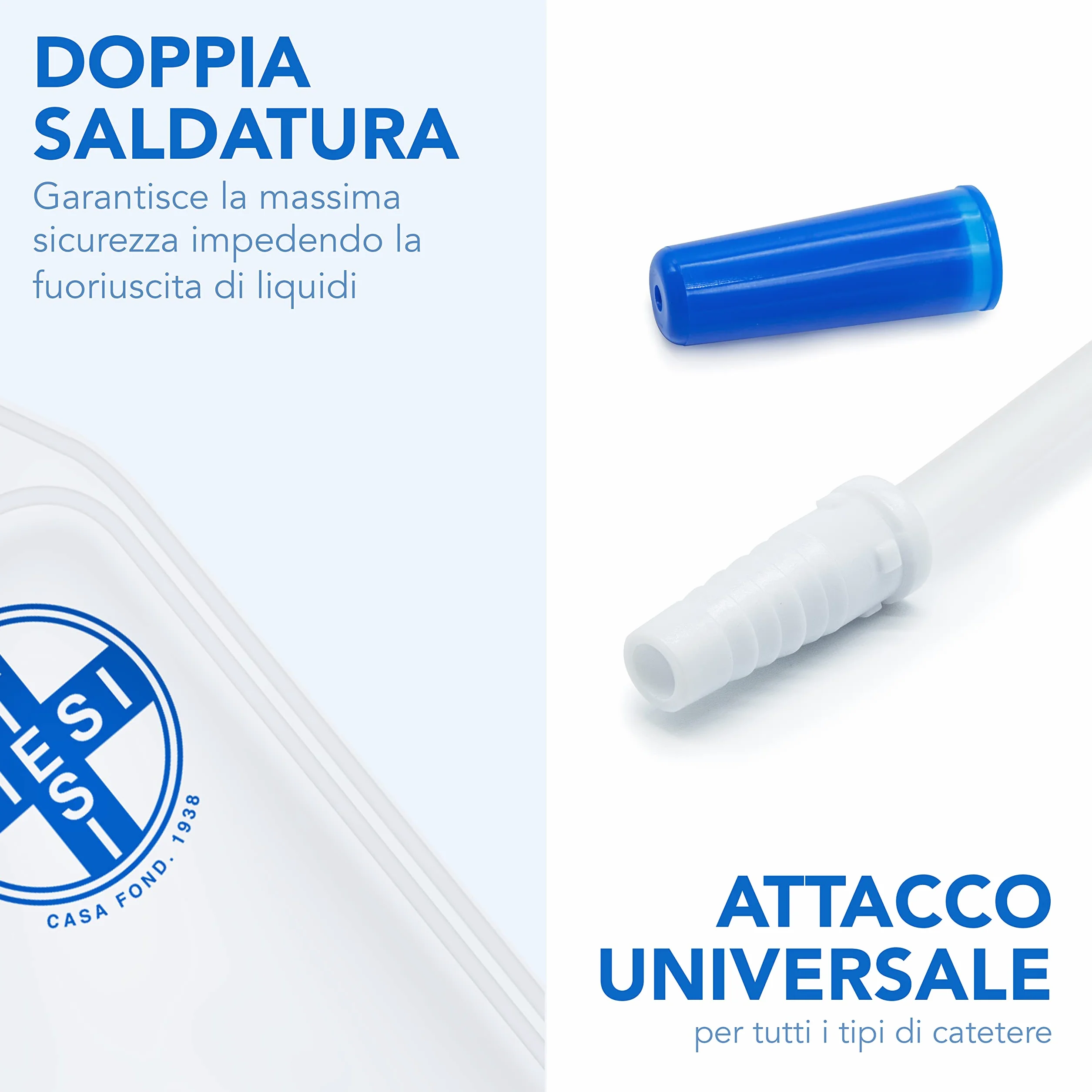 AIESI® Sacche per urina da gamba 750 ml tubo 10 cm 50 pezzi con rubinetto di scarico a croce T e valvola anti-reflusso HOSPI-GO