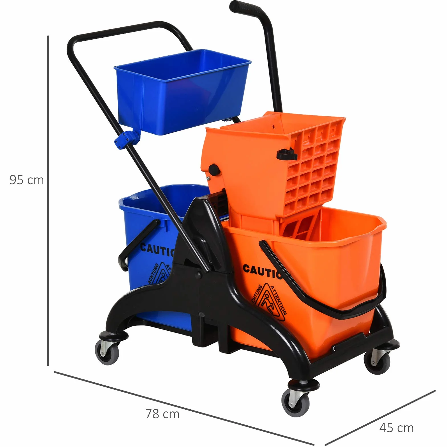 HOMCOM Carrello Pulizie Professionali 2 Secchi Lavapavimenti 26L Strizzatore 4 Ruote 78x45x95 cm Arancione Blu