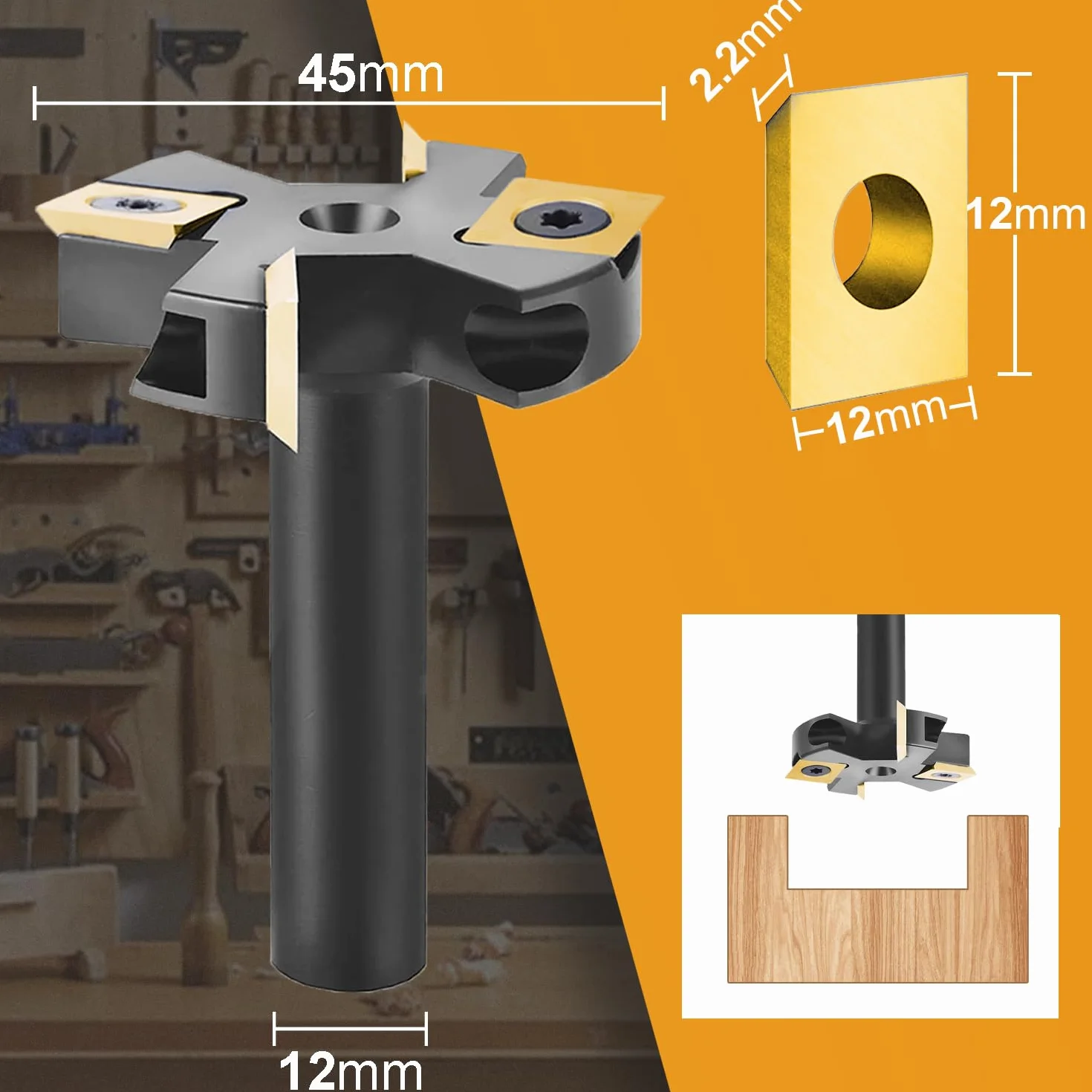 SpeTool Fresa per Spianare Fresa per Legno Diametro Gambo 12 mm Diametro di Taglio 45 mm Fresa a Spianare 2+2 Inserti in Carburo di Tungsteno Fresatrice Verticale Legno con Rivestimento ATS Fresa CNC