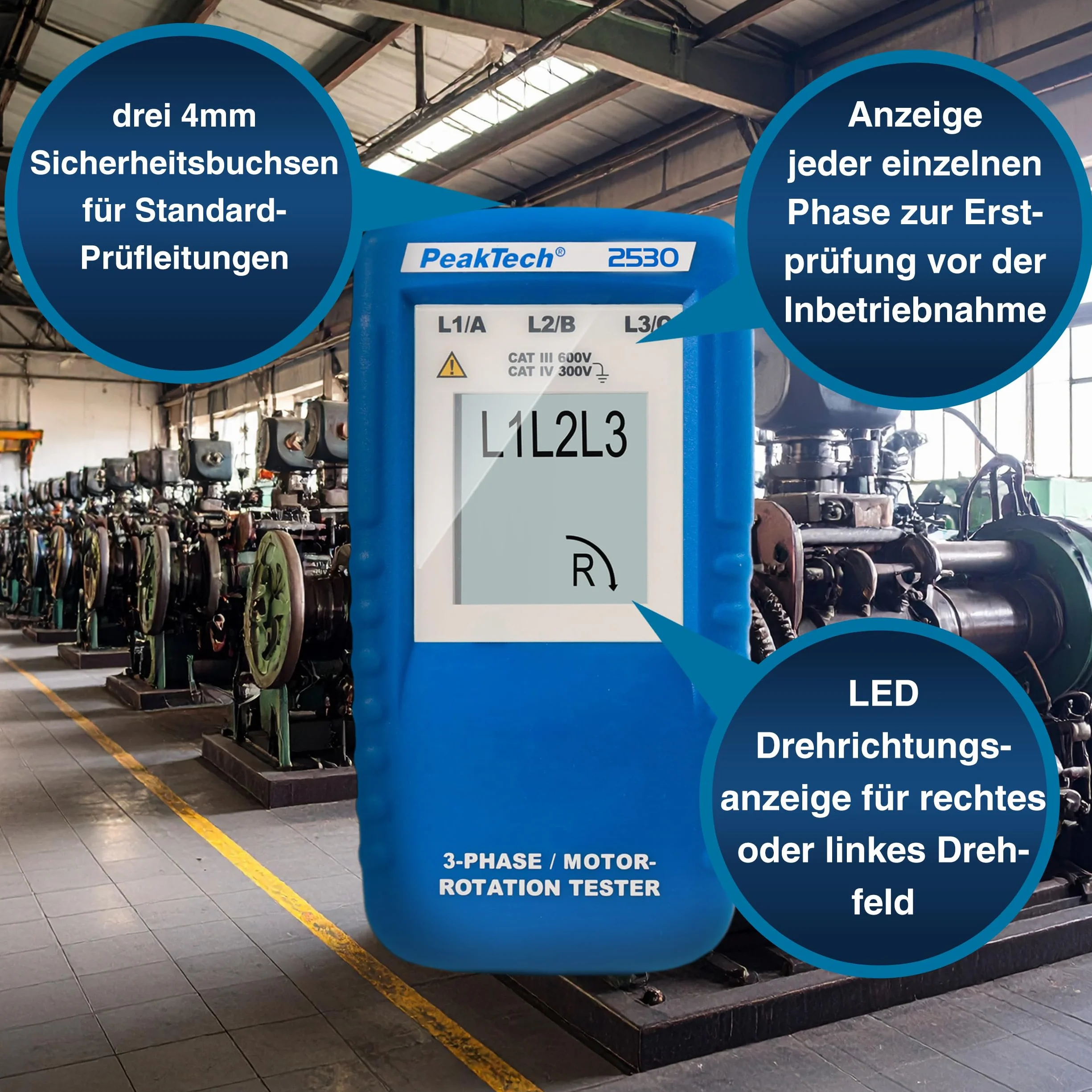 PeakTech P 2530 Indicatore di direzione trifase, tester di campo rotante con display LCD, 1 pezzo, strumento di misura elettrico per installazioni e manutenzione