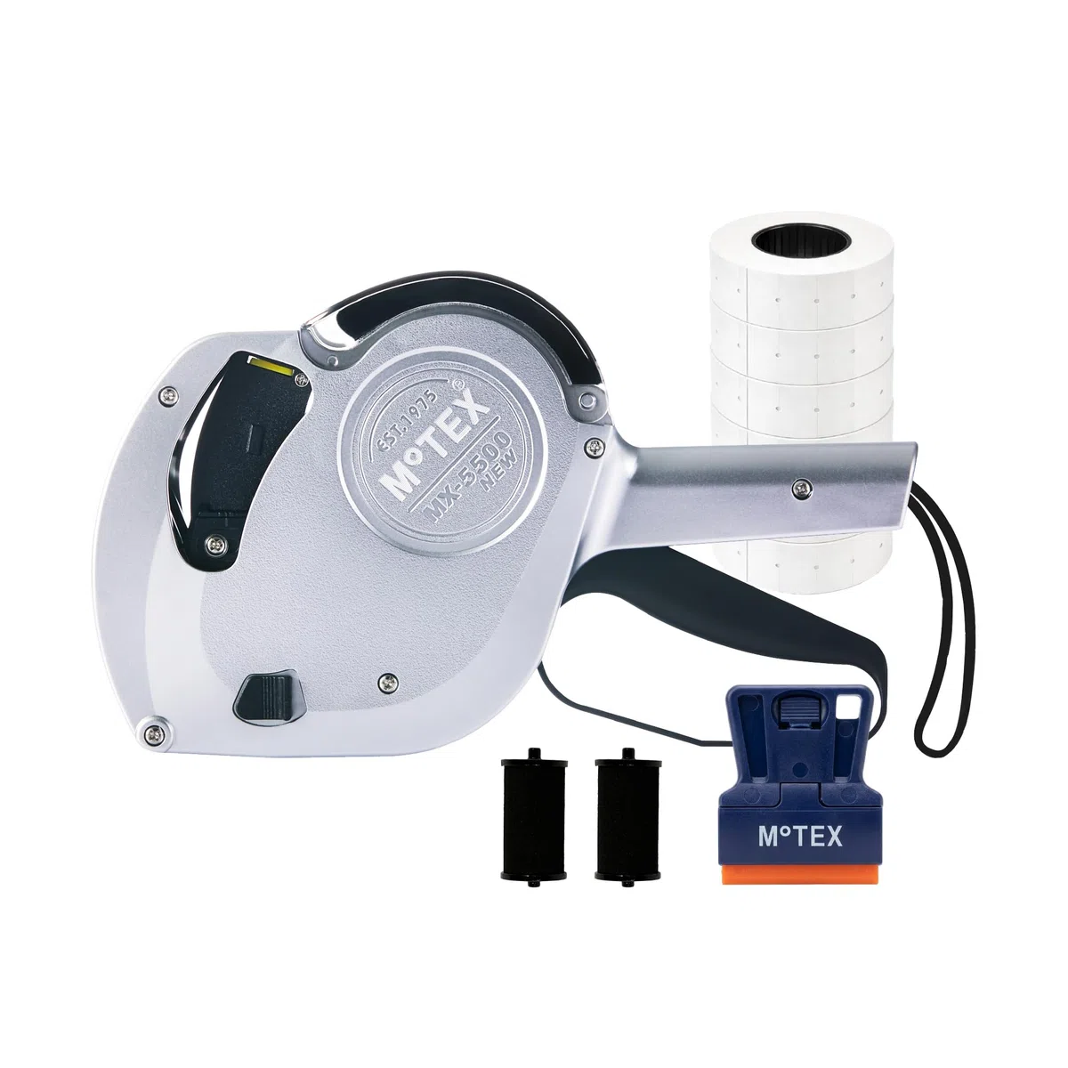 Motex Pistola per etichettatura prezzi, MX-5500NEW, 3 rulli di inchiostro inclusi, 8 rotoli di etichetta inclusi, argento, 1 riga prezzatrice, pistola per etichette con data, pronta all'uso