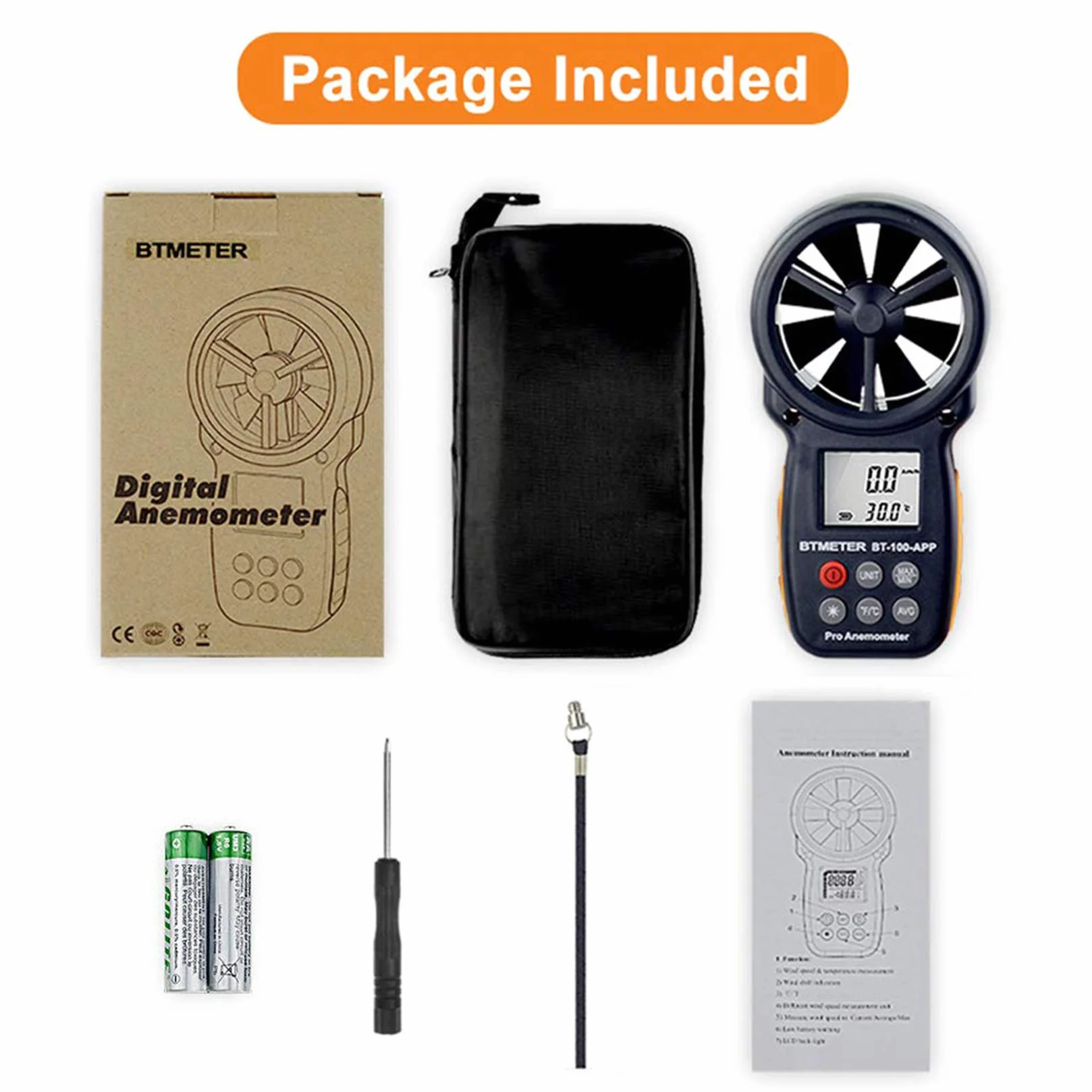 BTMETER Anemometro digitale senza fili Bluetooth velocità vento temperatura BT-100APP