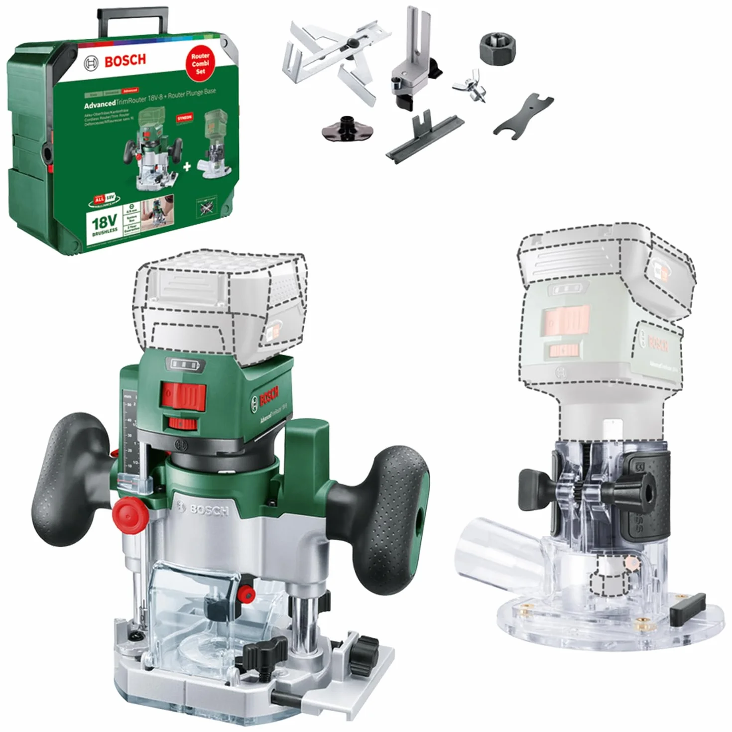Bosch Rifilatore/fresatrice a immersione batteria 2in1 Set combinato di rifilatore AdvancedTrimRouter 18V-8 (incluse 2 basi di fresatura + accessori; sistema a 18 V; motore brushless; in SystemBox M