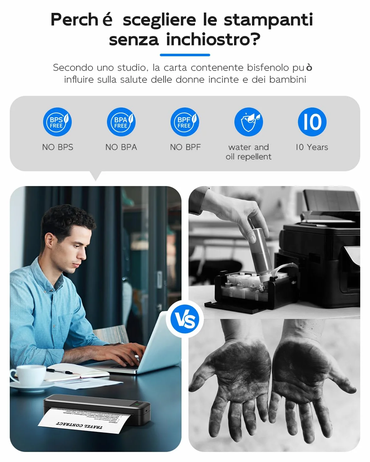 TATTMUSE Stampante Portatile A4, Stampante Termica Wireless Bluetooth per iPhone/PC/Contratti