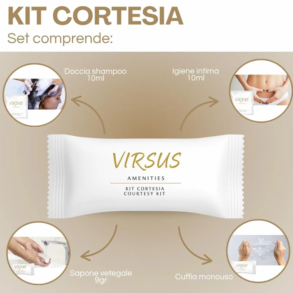 Virsus 400 Pezzi Kit Cortesia in 100 Bustine contenente ognuna: 1 Bustina Igiene intima 10ml, 1 Bustina Doccia Shampoo 10ml, 1 Saponetta 9gr, 1 cuffia monouso per Albergo Hotel B&B, Linea cortesia