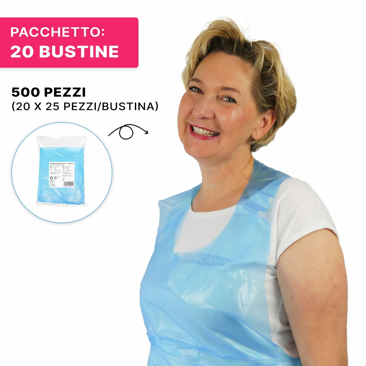 ARNOMED Camice monouso in PE 500 pezzi, grembiule impermeabile in plastica con spessore di 50µ, grembiuli monouso blu chiusi 80x125cm, resistenti all'unto, grembiule macellaio, grembiule medico