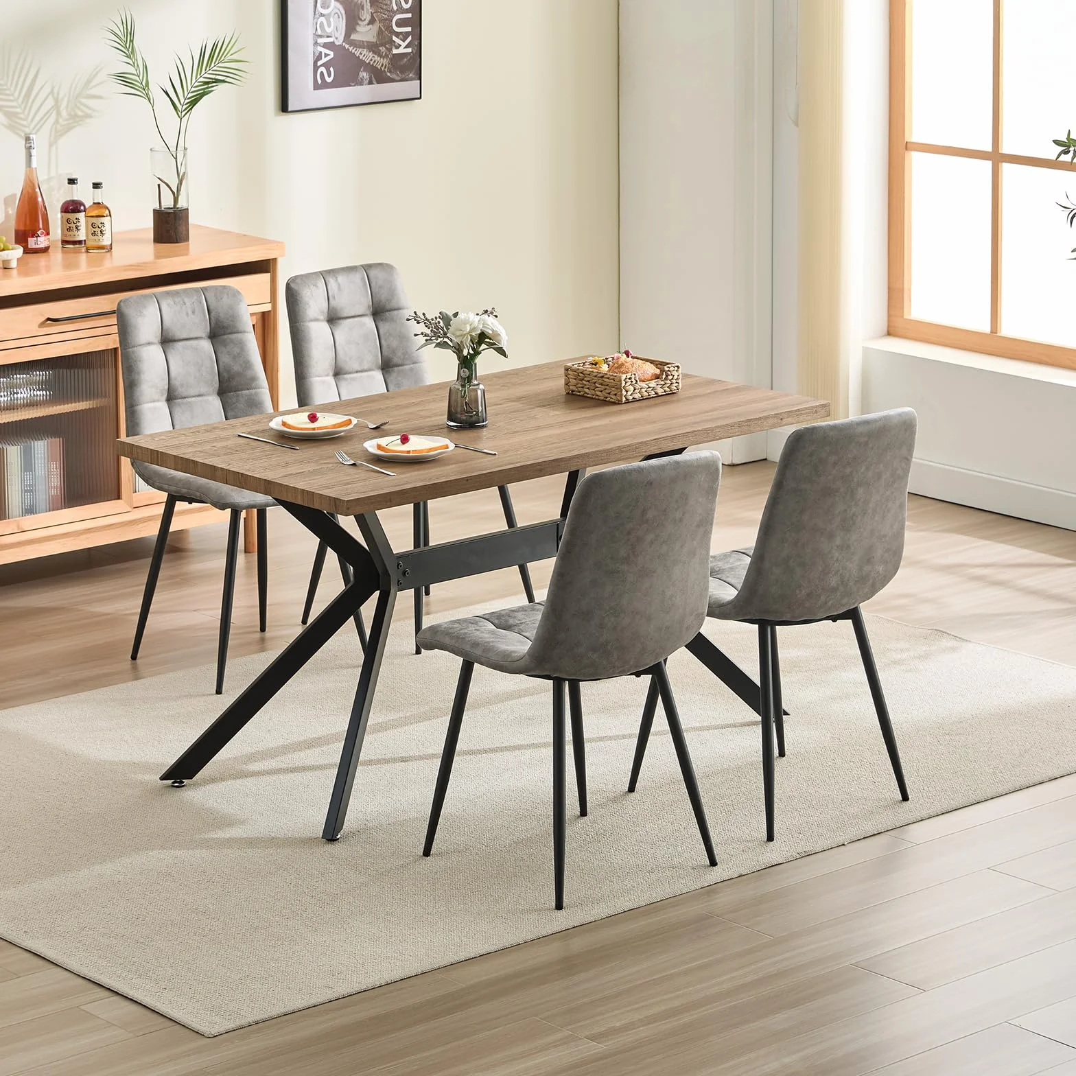 JIJIAN Set di 6 Sedie Sala da Pranzo in Tessuto Tecnologico, Gambe in Metallo Nero, Cachi