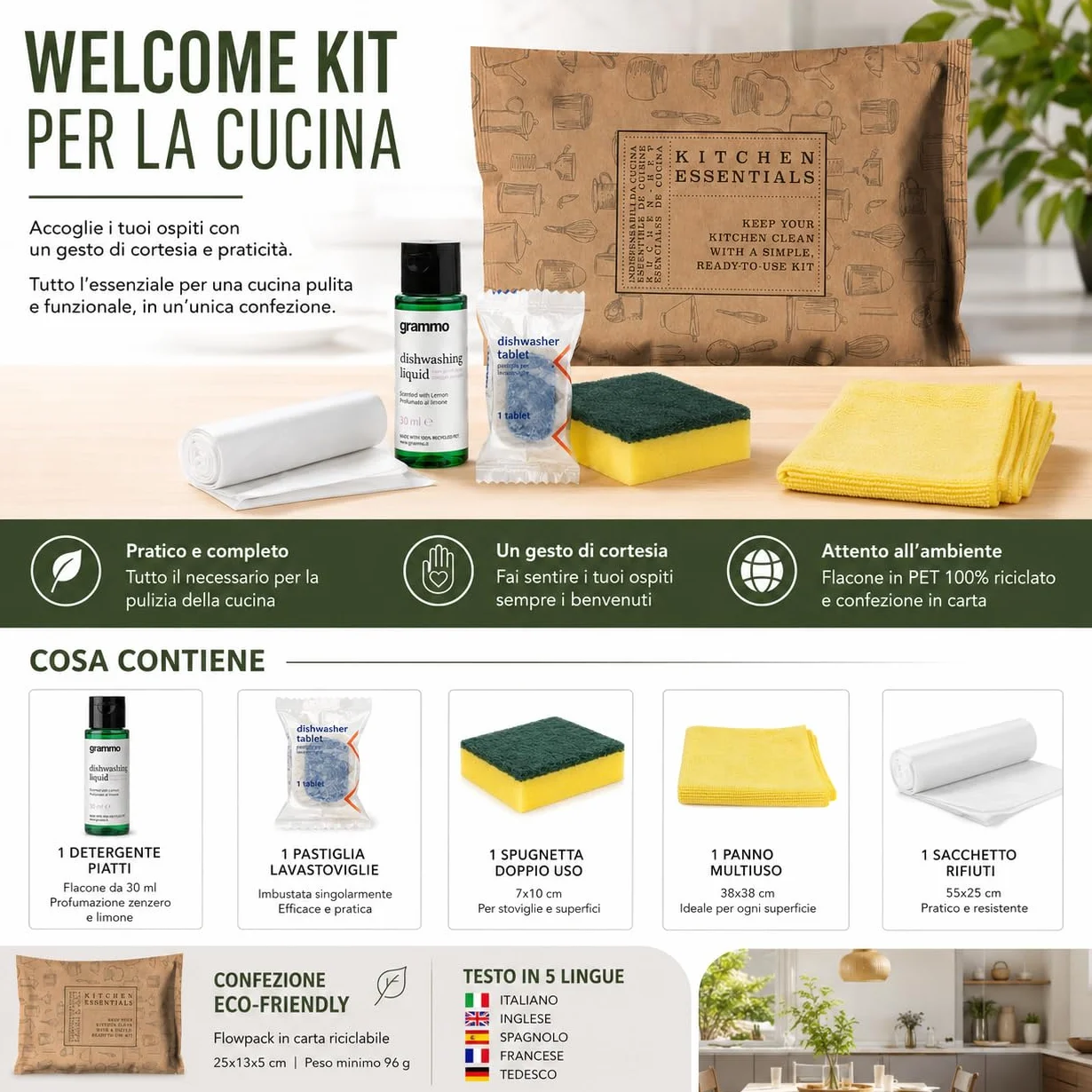 AURA LUXURY COLLECTION Welcome Kit Cortesia Cucina – Set Benvenuto per Ospiti con Detergente Piatti, Pastiglia Lavastoviglie, Spugna, Panno e Sacchetto Rifiuti – Ideale per Case Vacanza e B&B (20)