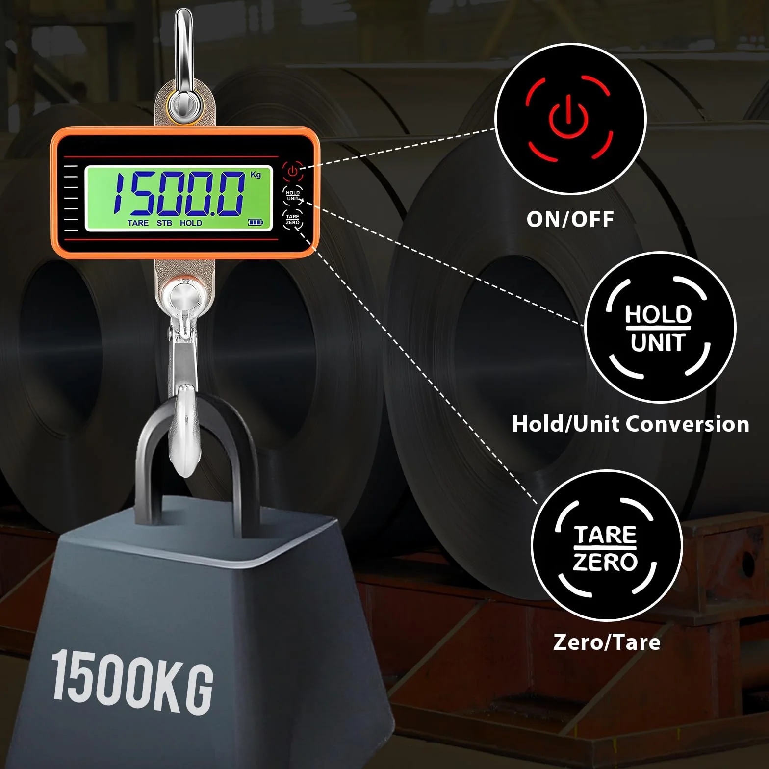 Bilancia a Gancio Elettronica 1500 kg Dinamometro Digitale Industriale con Telecomando