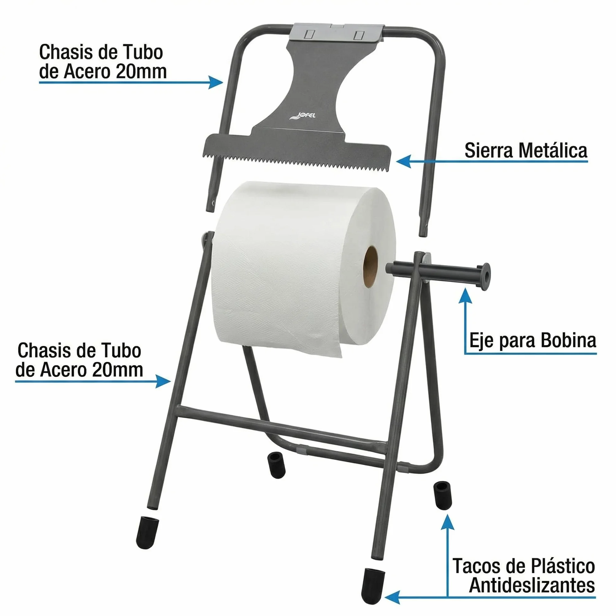Jofel Portarotolo pieghevole da pavimento, distributore carta industriale taglio frontale, Heavy Duty, tubo acciaio 20 mm, rotoli 500 m
