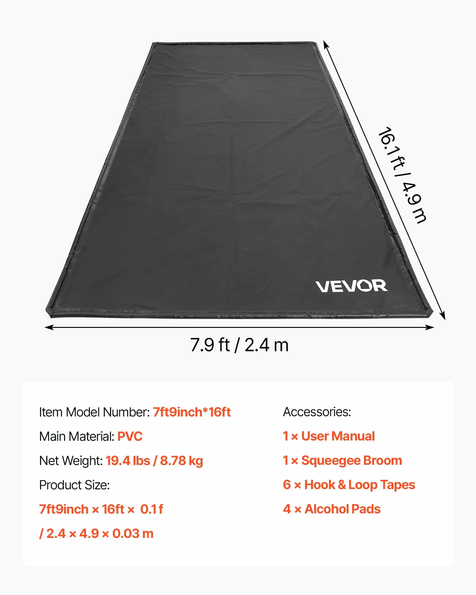 VEVOR Tappetino Antiscivolo per Garage, 2,4 x 4,9 x 0,03 m, con Tergivetro, Resistente e Impermeabile, Protezione per Pavimenti da Neve, Pioggia, Fango, Tappetino per Garage Officina, Nero