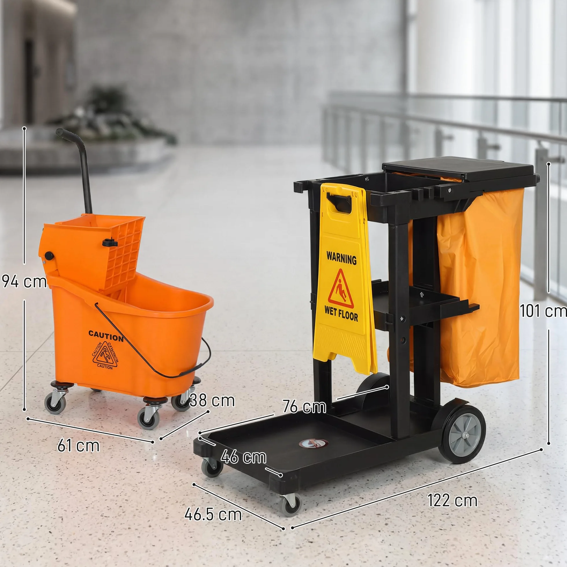 HOMCOM Carrello Pulizie 3 Ripiani 70L Secchio Lavapavimenti Strizzatore 4 Ruote 122x46.5x101 cm