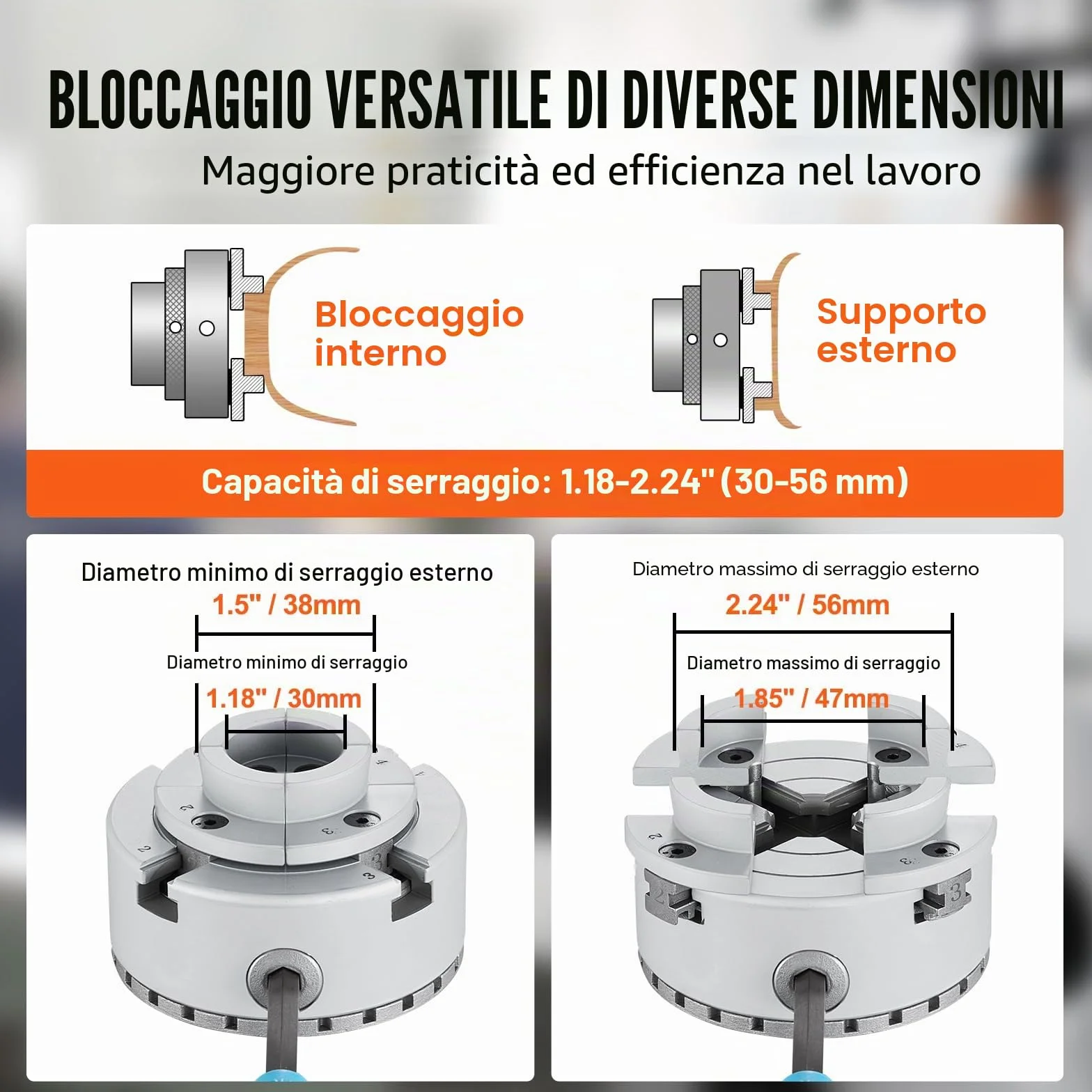 VEVOR Mandrino per Tornio per Legno φ70mm Mandrino per Tornio a 4 Griffe KP2-3/4 Mandrino per Tornitura di Legno, Utensile Autocentrante con Chiave a T per Rettifica Fresatura, Grey