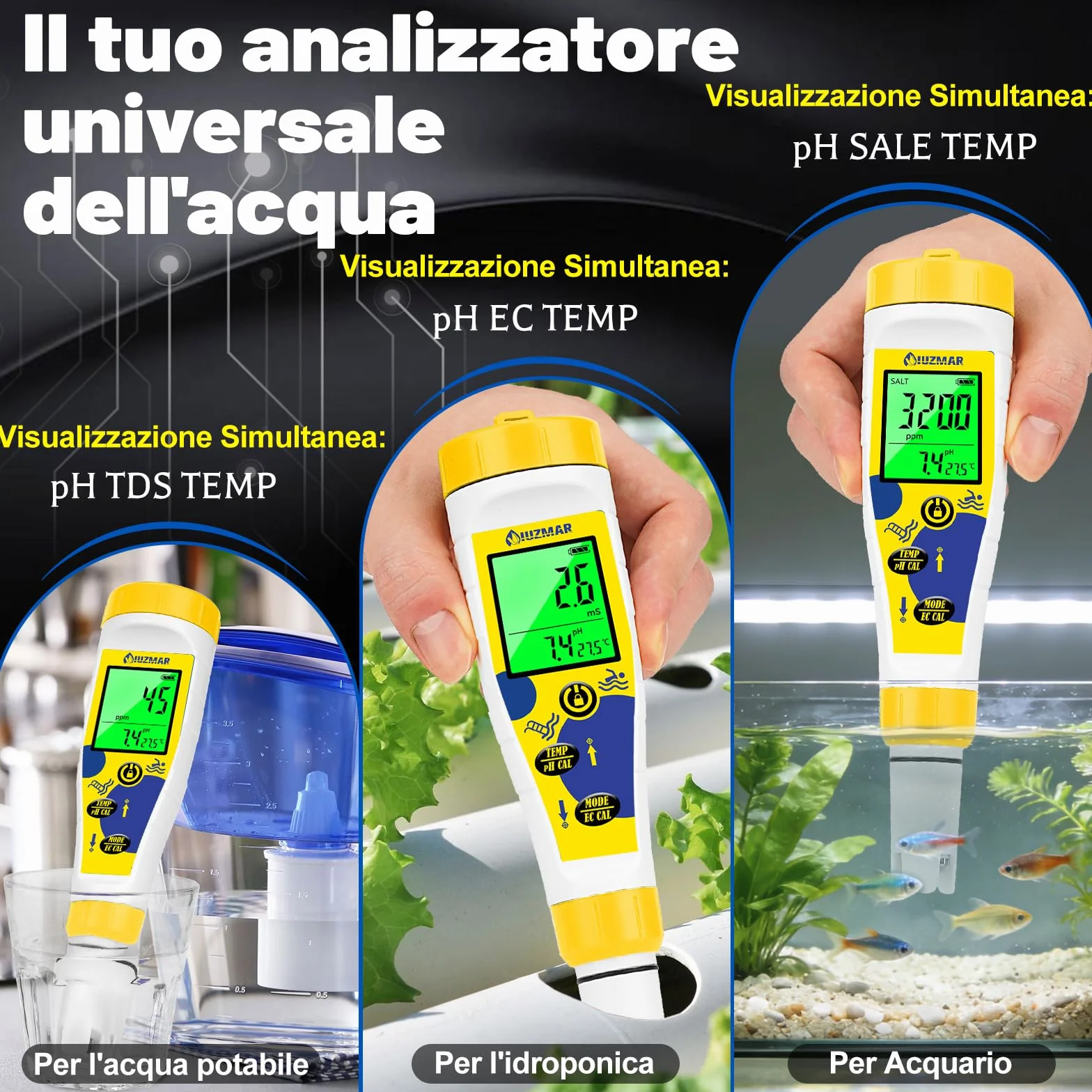 Misuratore Cloro e pH Digitale 7 in 1, Test Piscina pH Cloro Sale Temperatura, Salinità EC TDS ORP per Idroponica