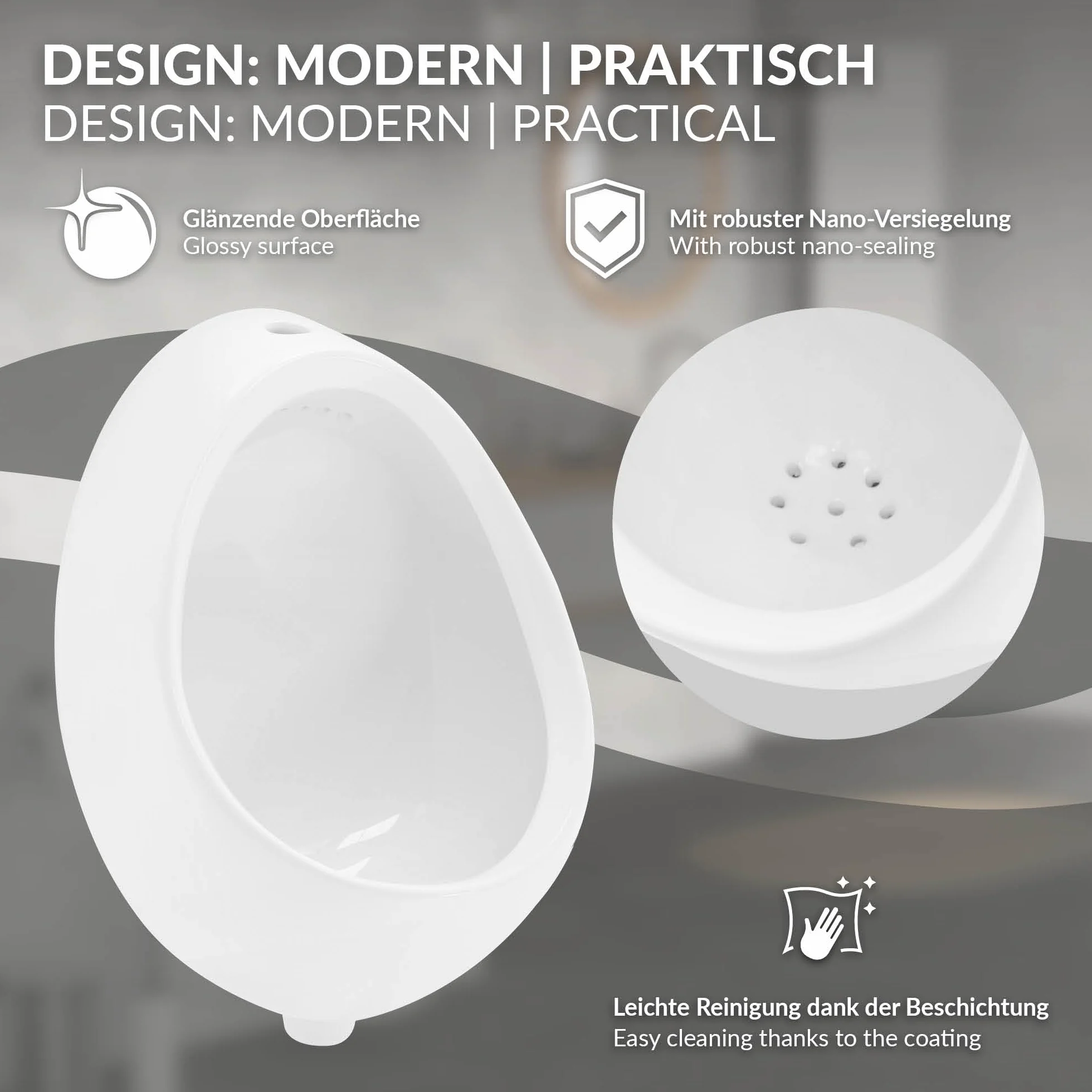 ECD Germany Orinatoio da Parete Sospeso Bianco Ceramica 35x46x30 cm Rotondo Ingresso Acqua dall'Alto Scarico Retro WC Maschile