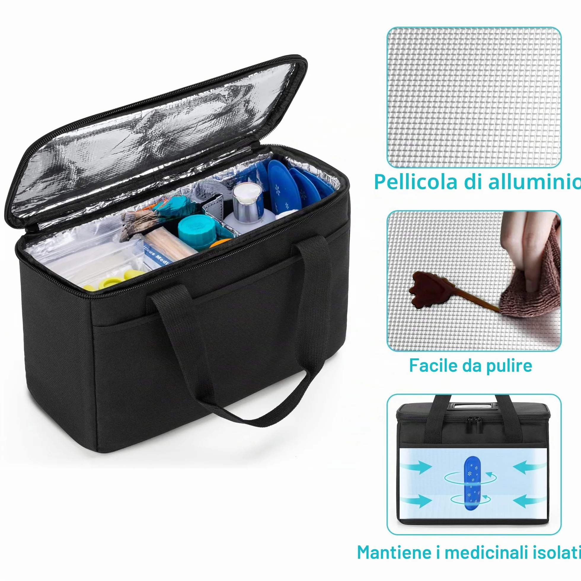 Trunab Piccola Borsa Medica Isolata con Divisori Regolabili, Borsa Termica Resistente all'Acqua per la Conservazione di Medicinali da Viaggio per Casa, Viaggi, Campeggio (Nero) - Design Brevettato