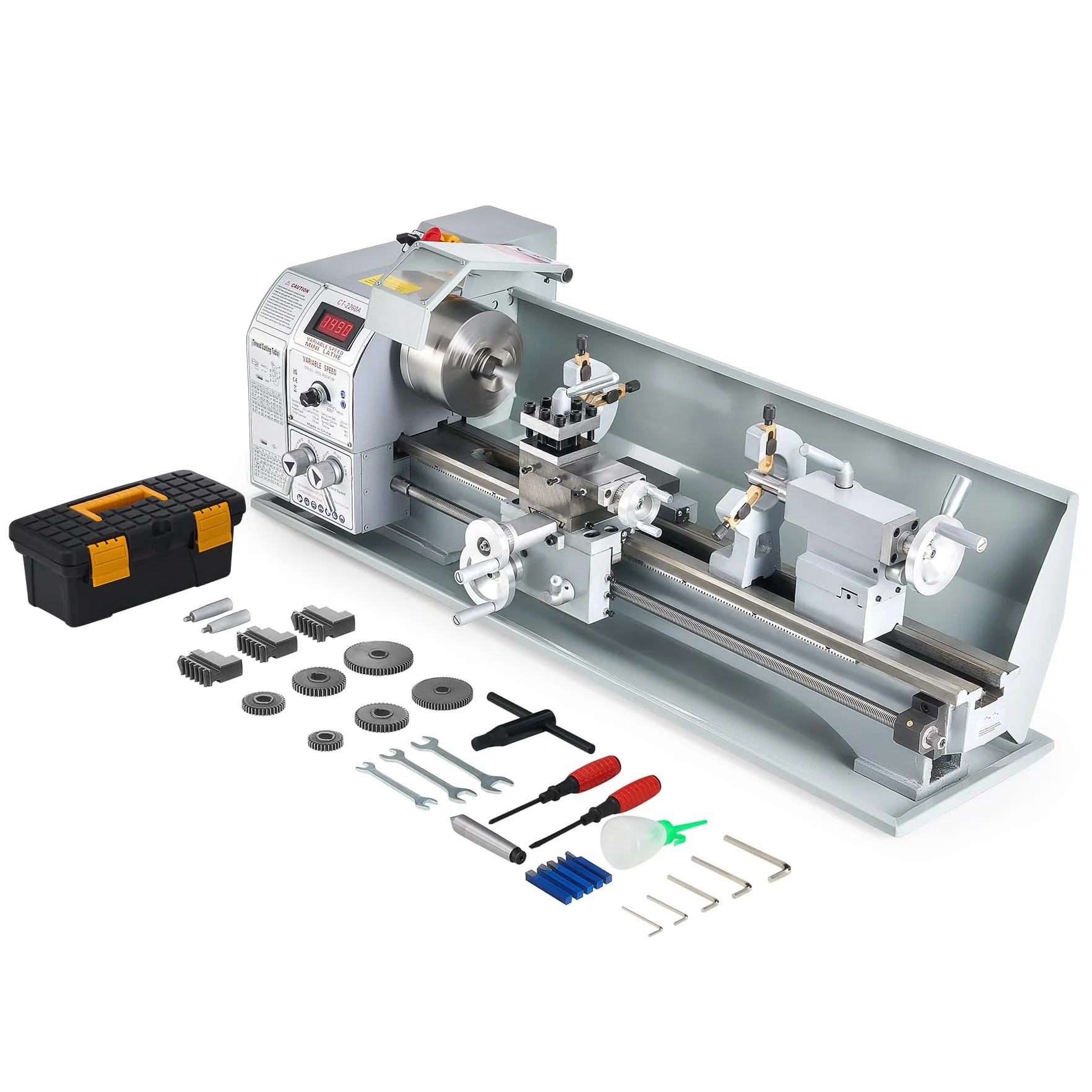 Orion Motor Tech Tornio per Metallo 1100W | Dimensioni 220 x 600 MM | Velocità Variabile 0-3000 rpm | Mandrino a 3 Griffe | Display LCD | Ideale per Tornitura, Filettatura e Foratura