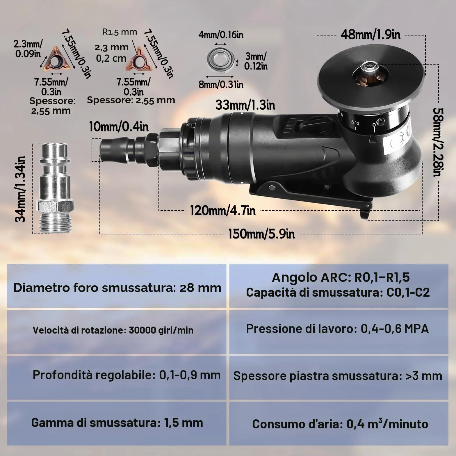 Smussatrice pneumatica 2 in 1, 45 gradi, inserti angolari 6R+6C+6, per metalli