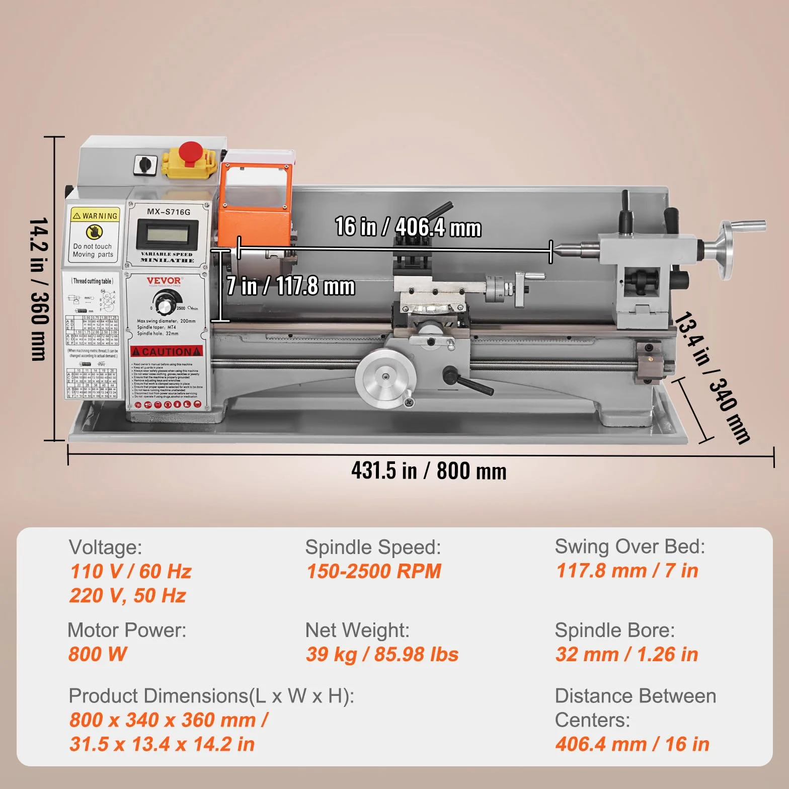 VEVOR Mini Tornio da Banco per Metallo Motore 800W in Ghisa HT200 Velocità tra 150-2500 giri/min Variazione Costante, Mini Tornio per Metalli 80 x 34 x 36 cm Cono Mandrino MT5 Diametro Mandrino 100mm