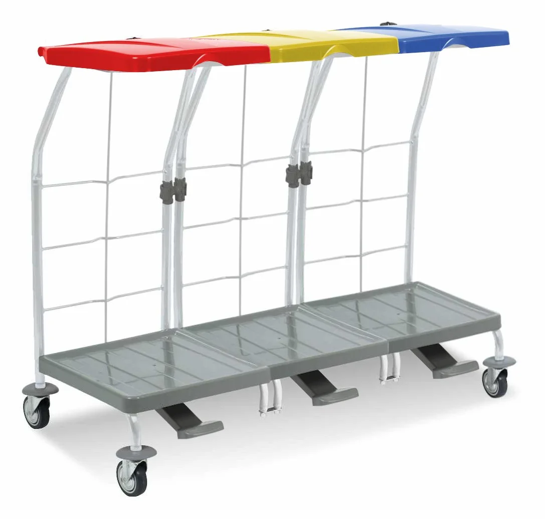 Carrello in Rilsan 3x70L Coperchio Blu-Rosso-Giallo Ruote con Paracolchi Set Pedale