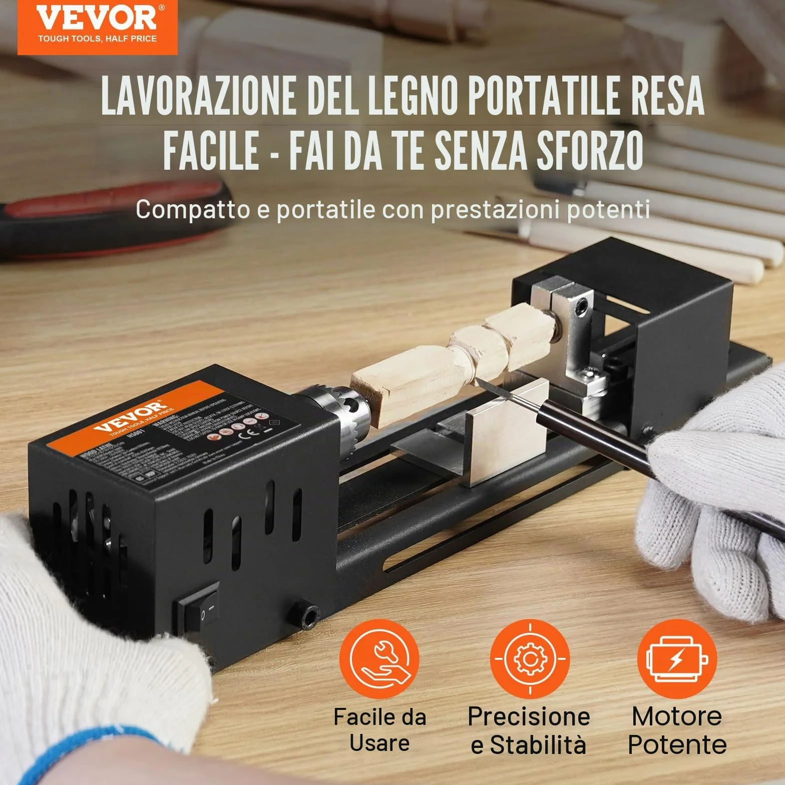 VEVOR Mini Tornio per Legno 96W Utensili Tornio Elettrico di Precisione 7 Velocità Regolabile 4220/5300/5650/6350/6660/7050/8450 giri/min Fresatrice Lavorazione del Legno Fai-da-Te Accessori Completi