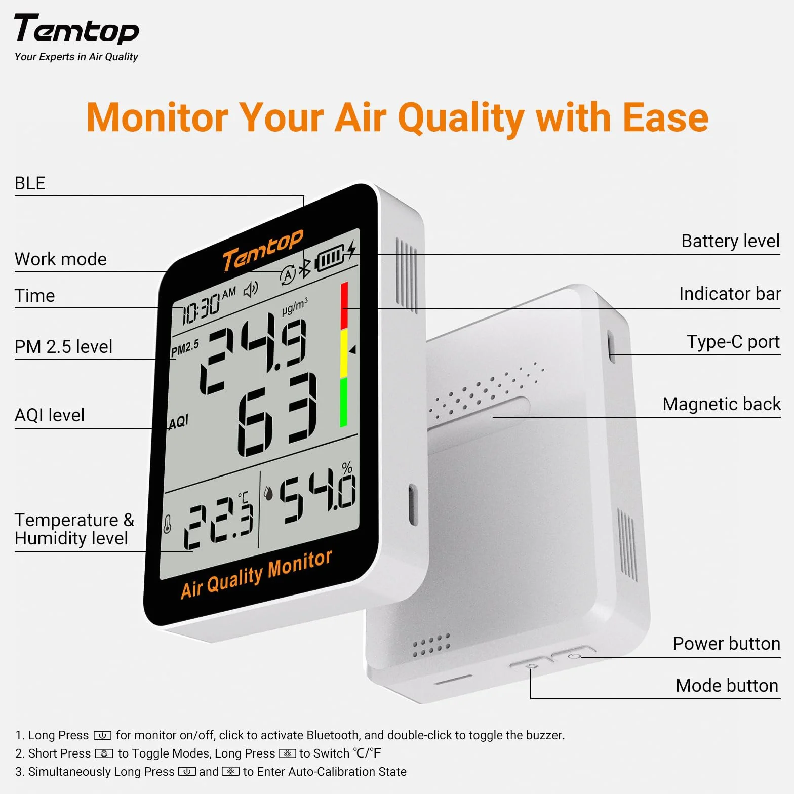Temtop S1+ Misuratore di Qualità dell'Aria PM2.5 AQI Temperatura Umidità Termoidrometro con APP