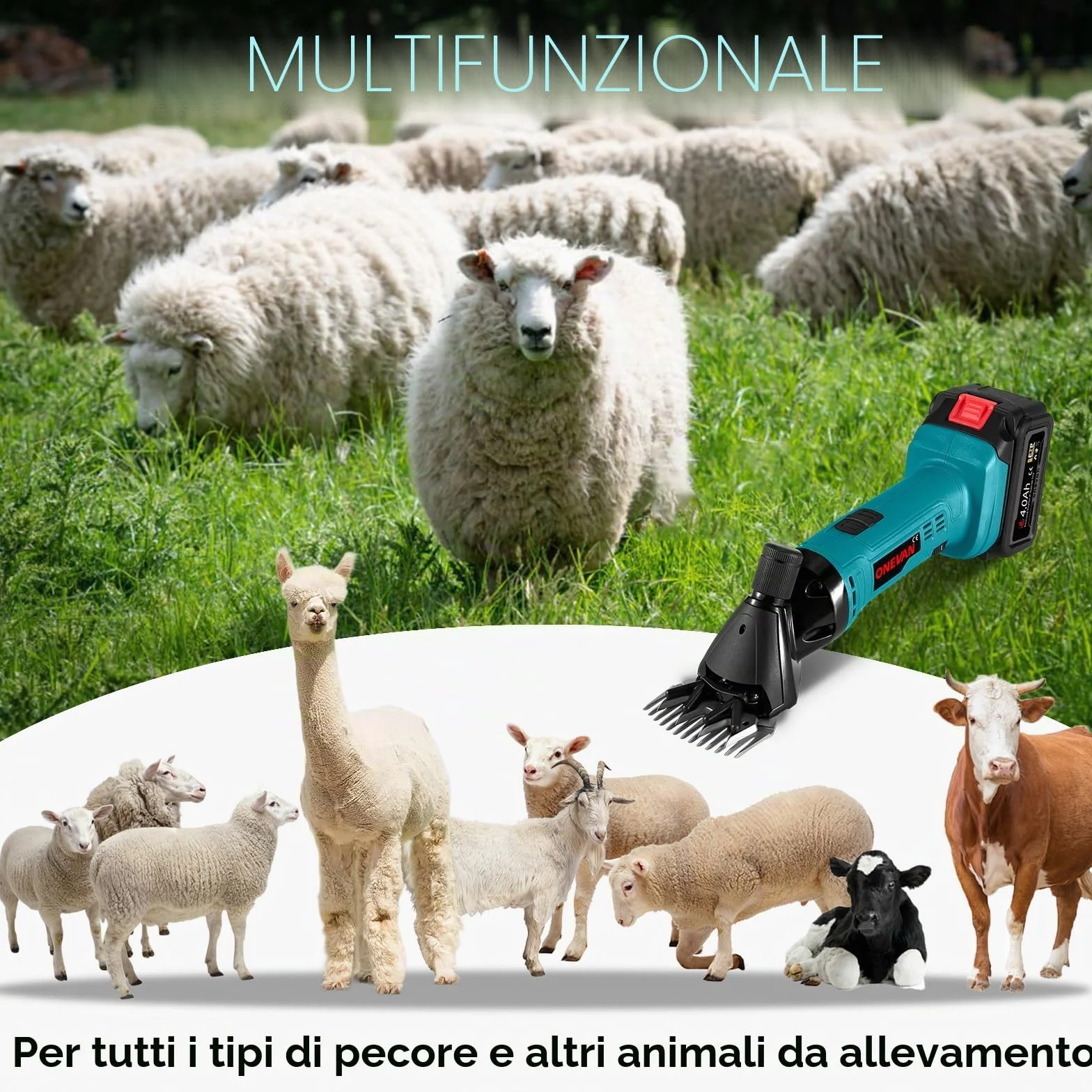 ONEVAN tosatore per pecora a batteria, elettrico 2 batterie 4000 mAh, 6 velocità, senza fili per pecora e capre