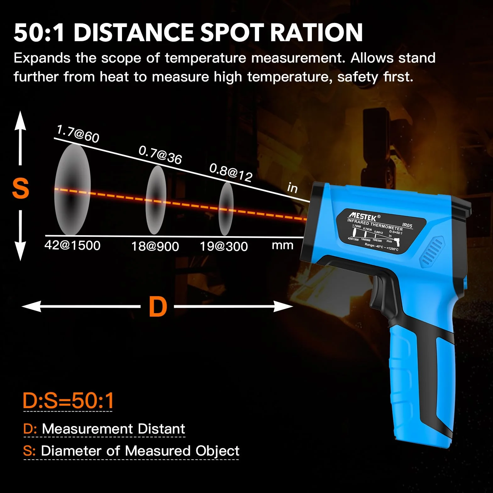 MESTEK Termometro a Infrarossi -40°C~1600°C Digitale Laser Pirometro con K-Probe D:S-50:1